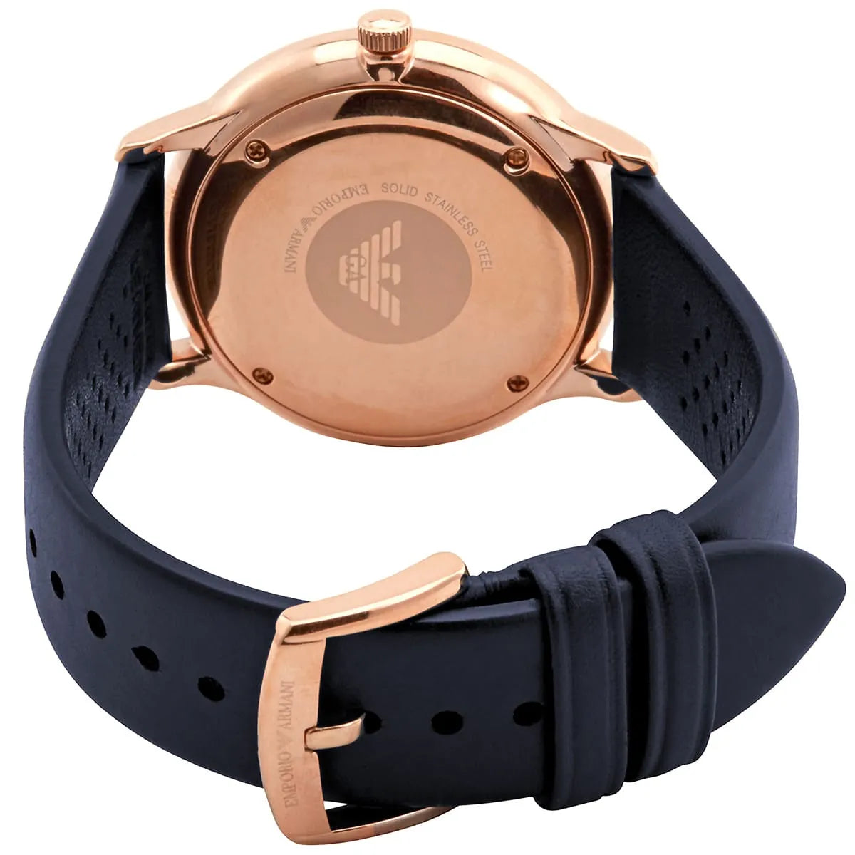 Emporio Armani AR2071 caseback with Emporio Armani logo and blue leather strap with rose gold buckle