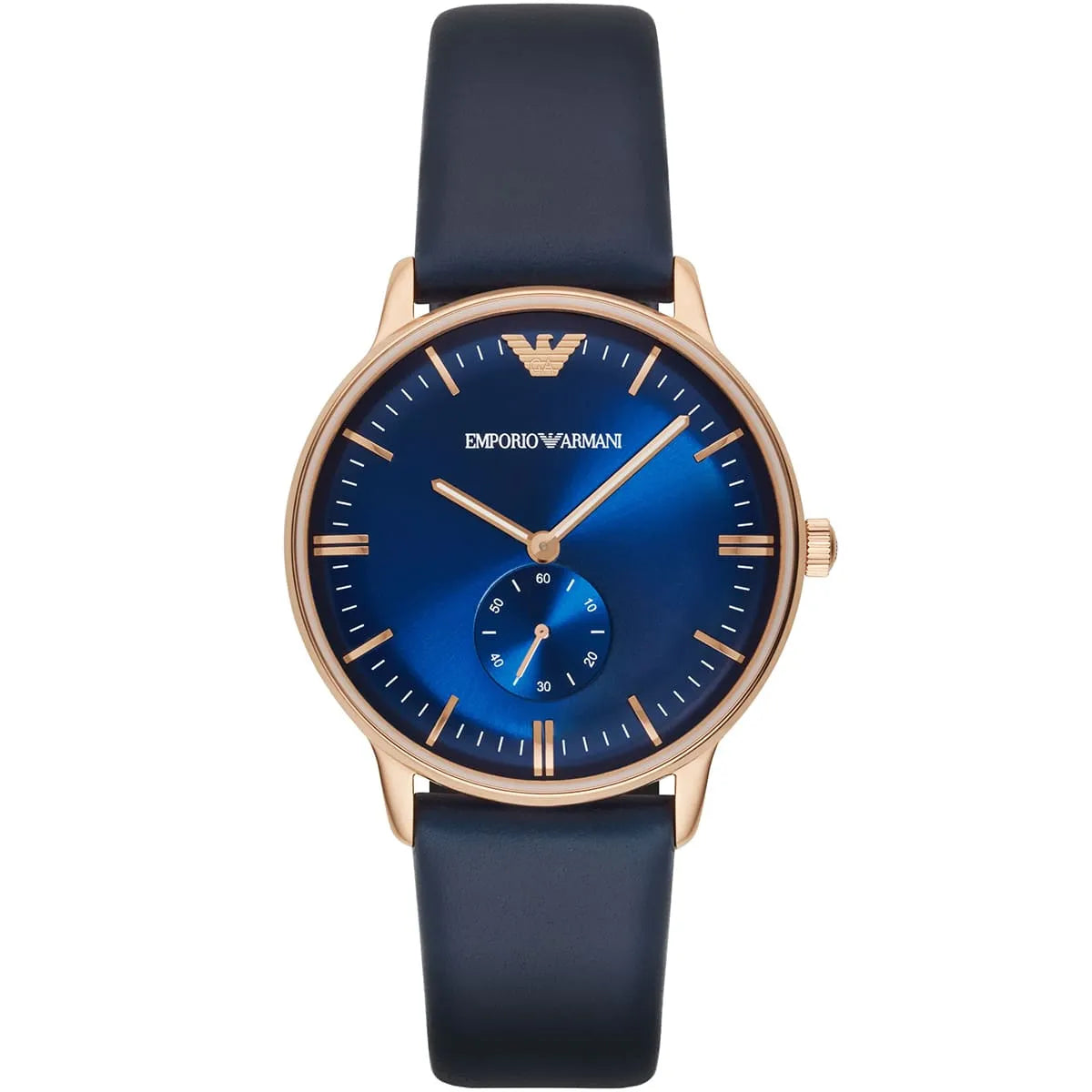Emporio Armani AR2071 watch with blue dial, rose gold case, and blue leather strap