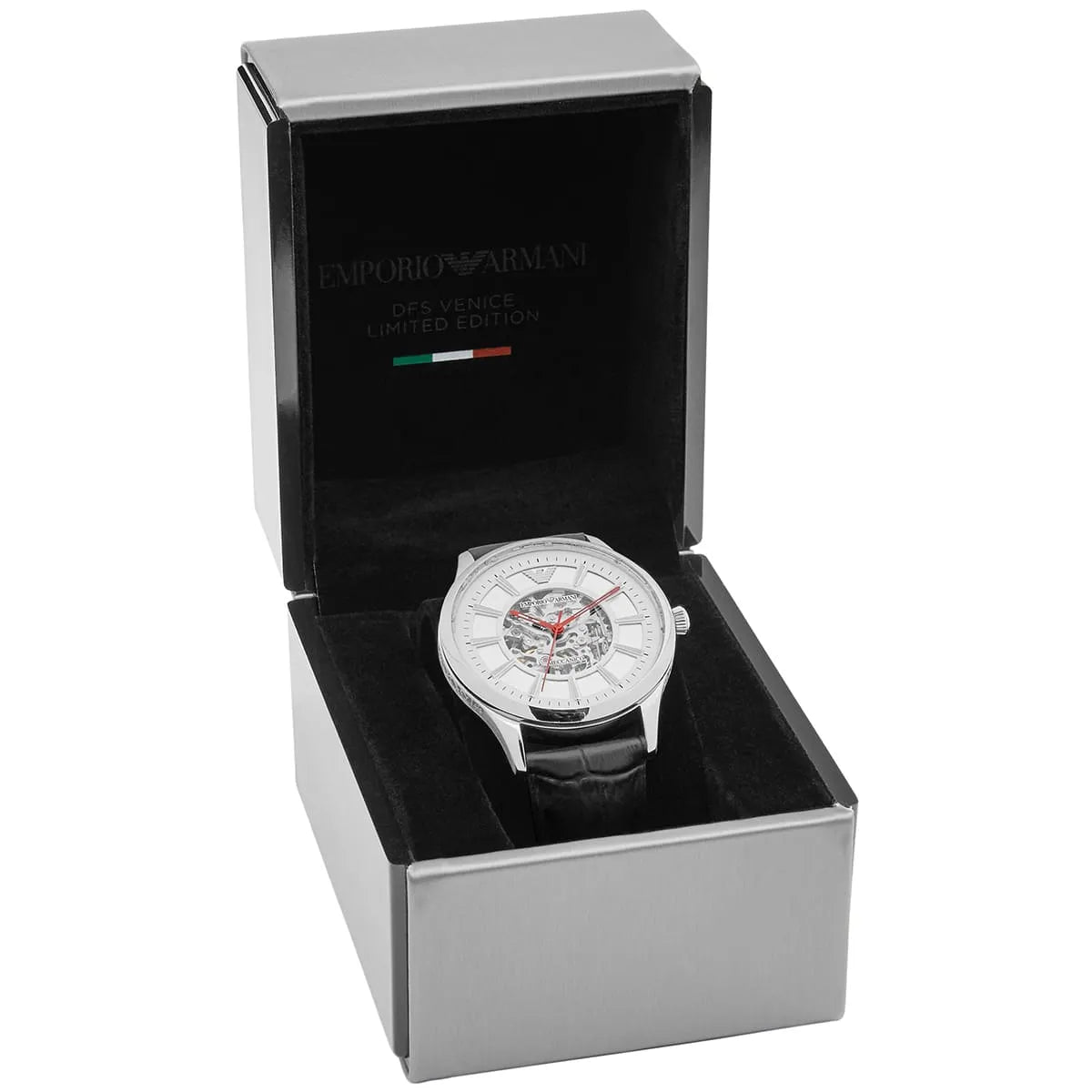 Emporio Armani AR2072 Meccanico watch in black and silver presentation box with Italian flag