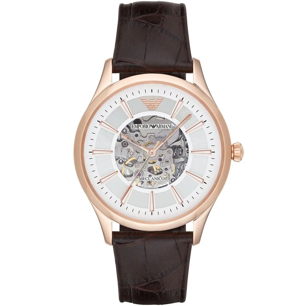 Emporio Armani Beta AR2073 rose gold automatic watch with silver skeleton dial and brown leather strap