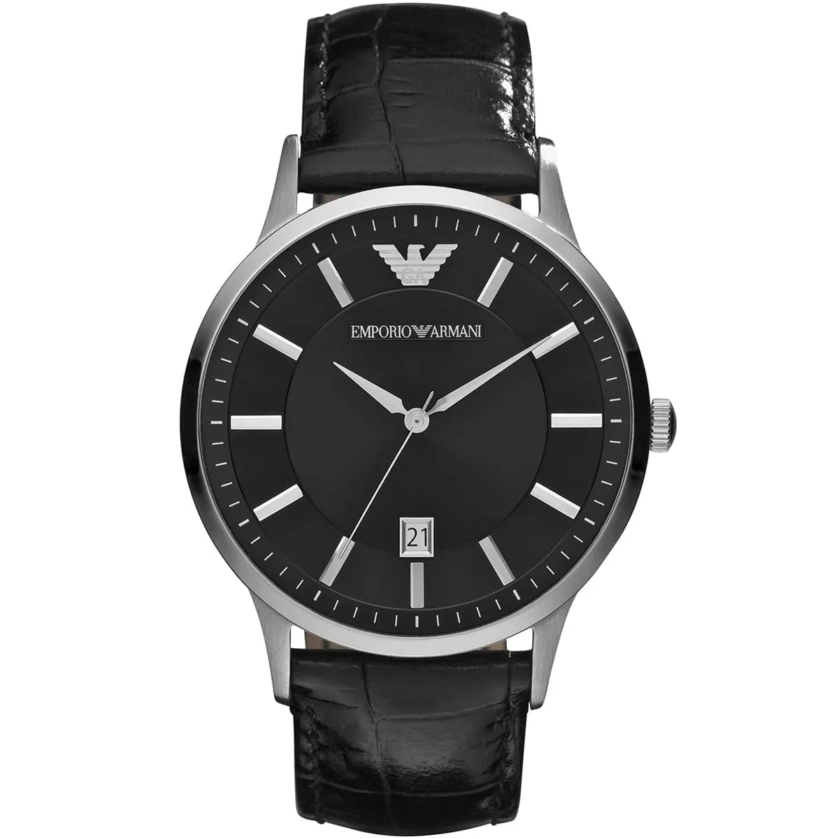 Emporio Armani Renato watch front view with black dial and leather strap