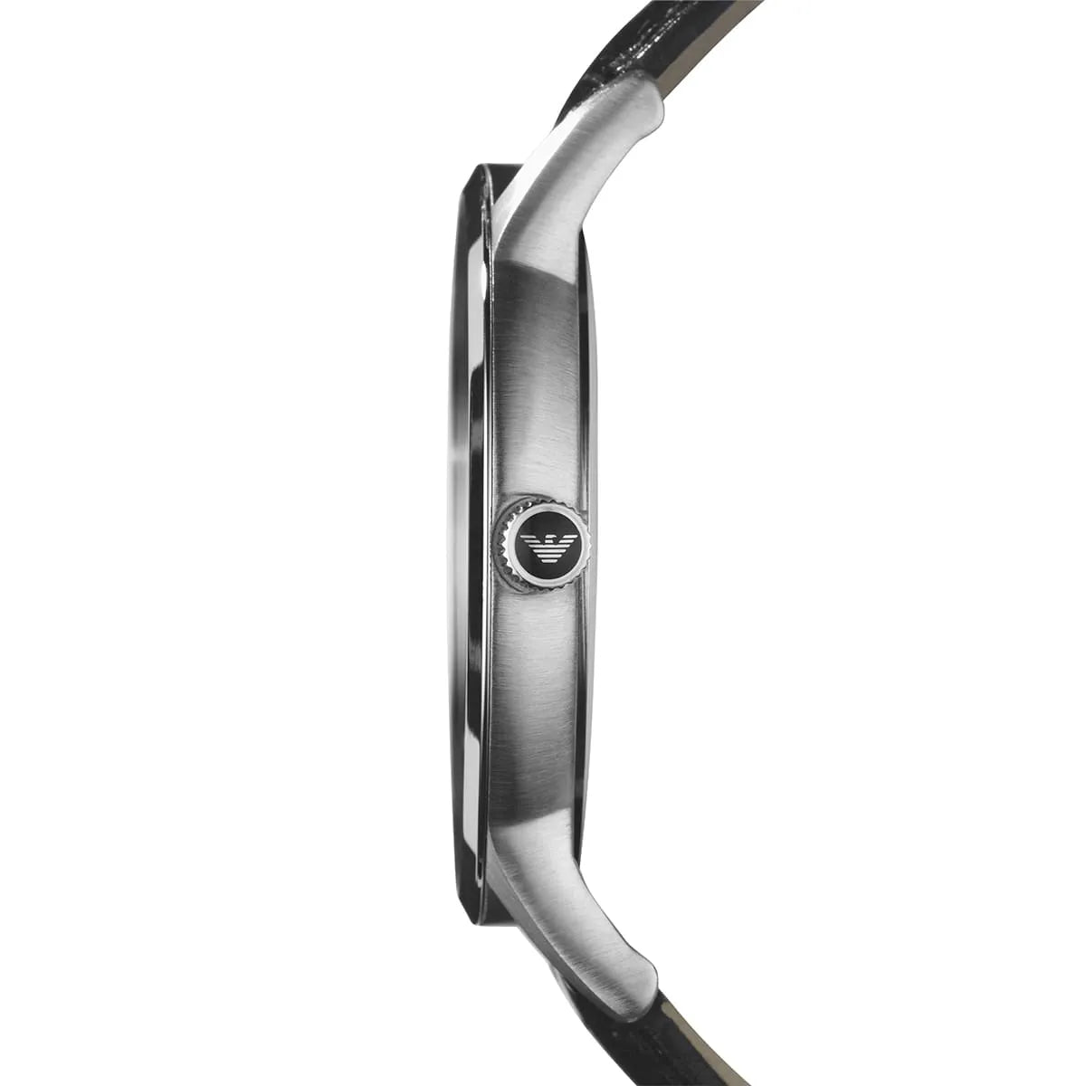 Emporio Armani Renato watch side view showing case thickness and leather strap