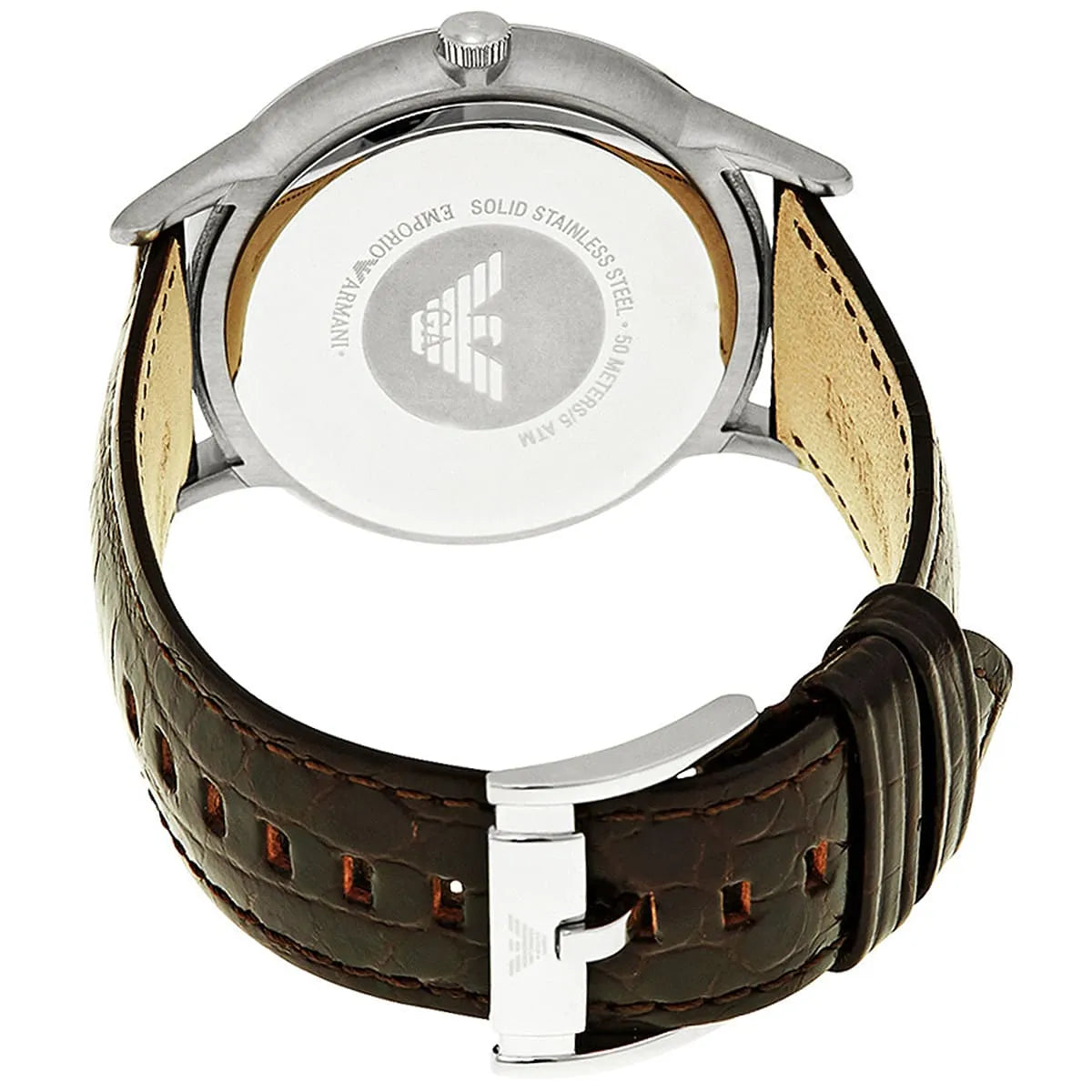 Emporio Armani Renato AR2413 case back with engraved details and leather strap