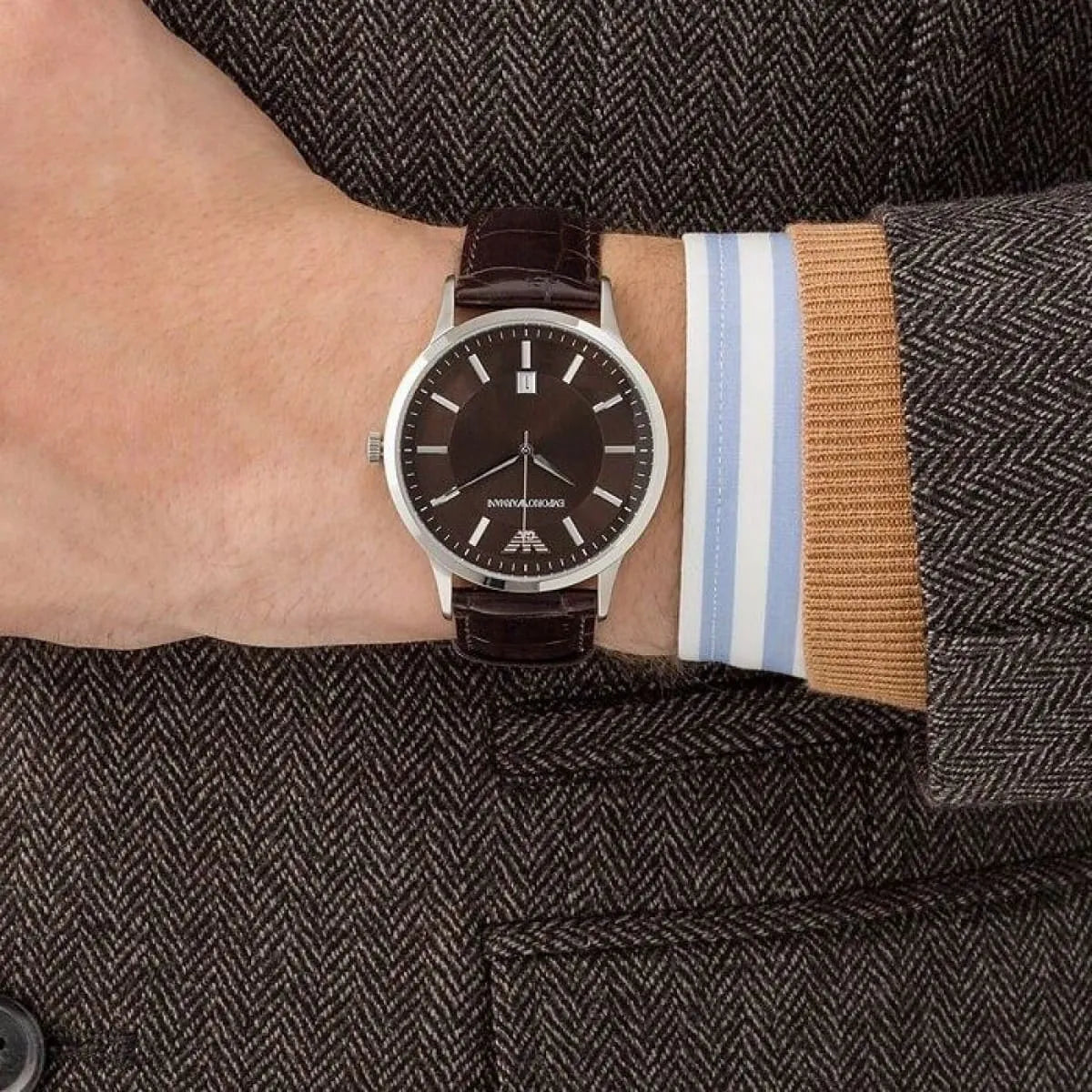AR2413 Emporio Armani Renato watch worn on wrist with brown leather strap