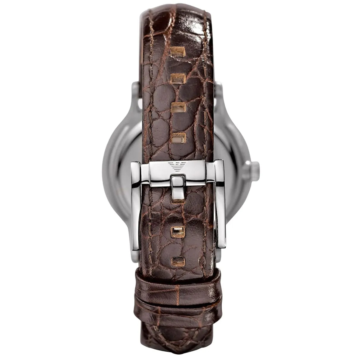 AR2414 Emporio Armani watch caseback with silver metal and brown crocodile leather strap