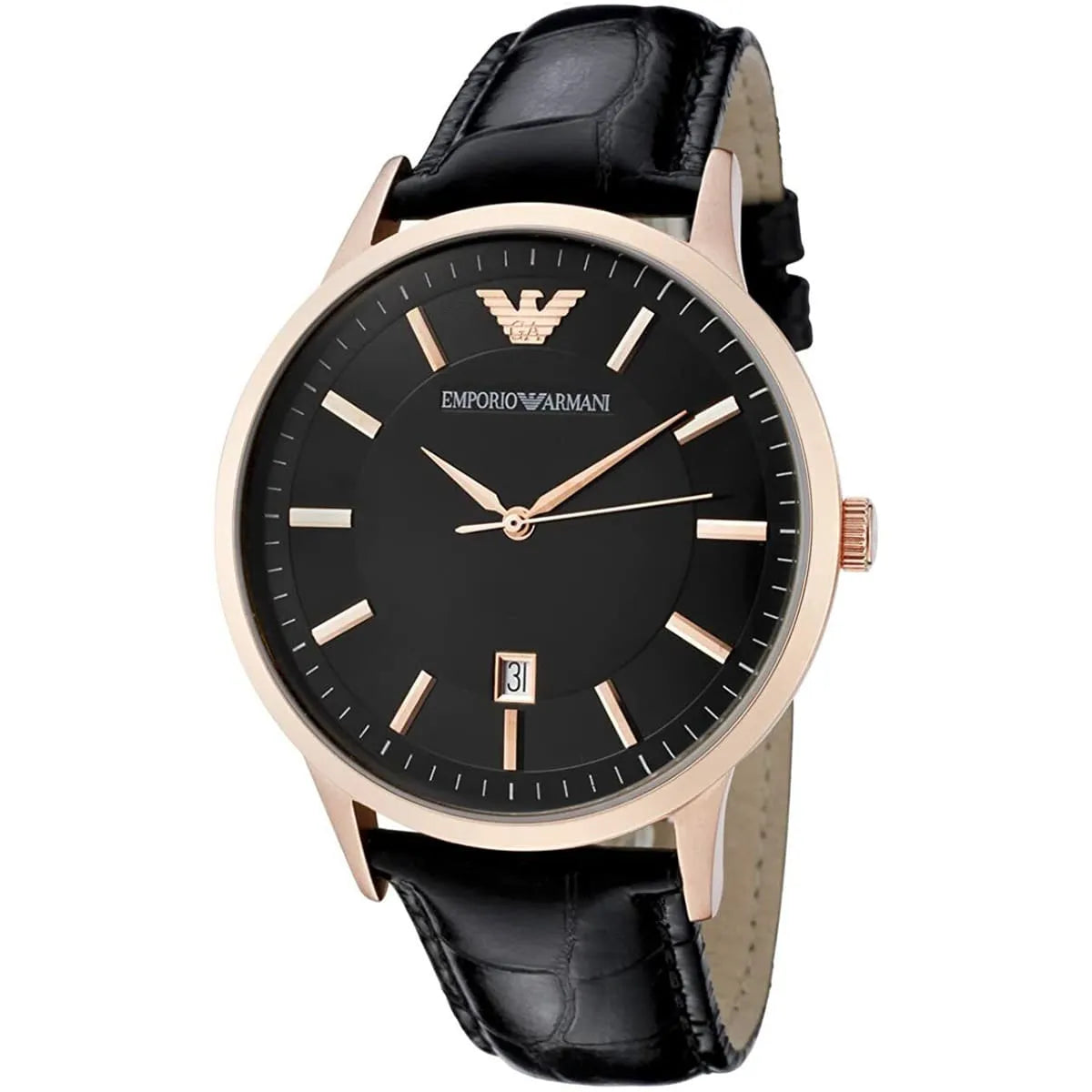 Emporio Armani Renato black dial quartz watch with rose gold case and black leather strap