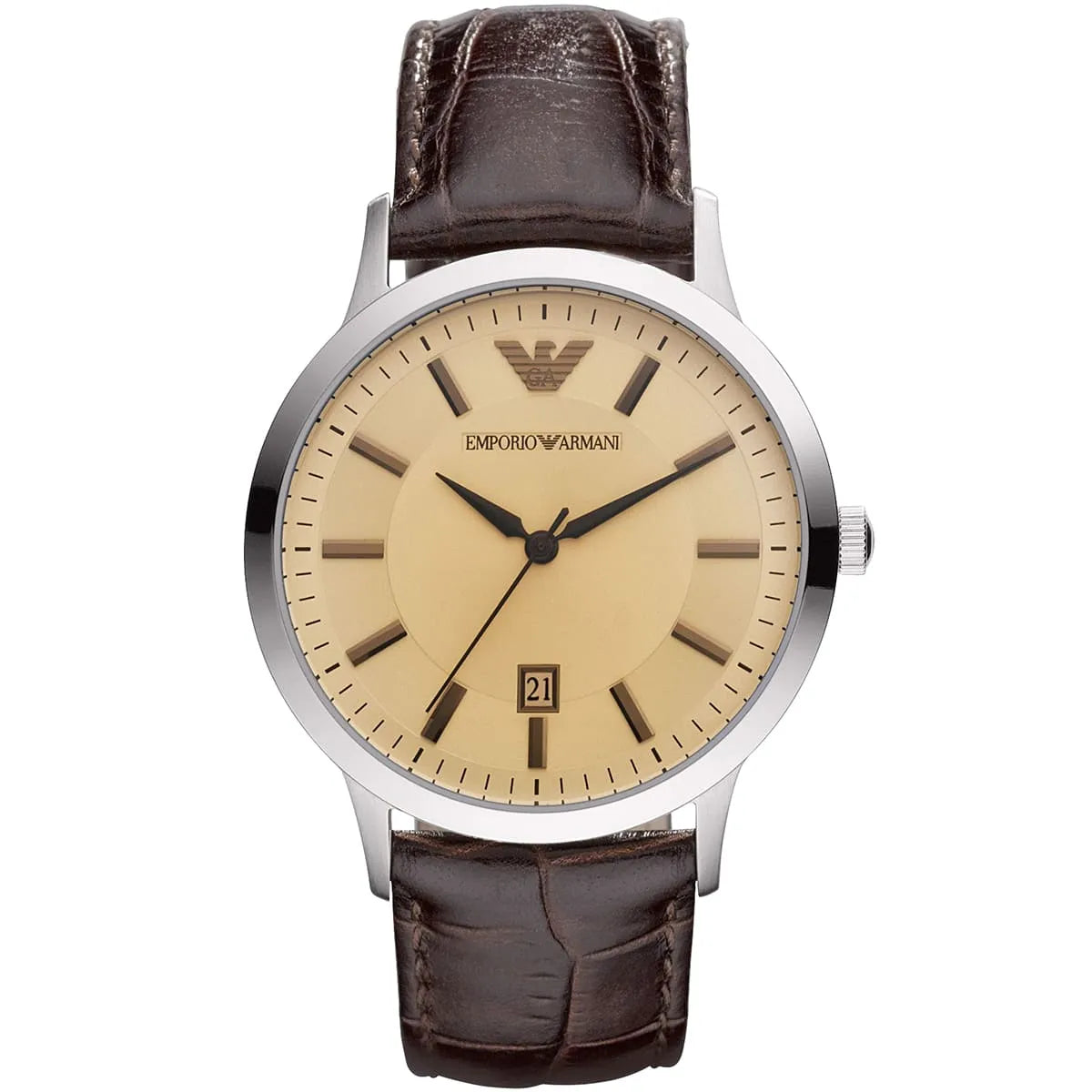 Emporio Armani AR2428 men's watch with beige dial, silver case, brown leather strap