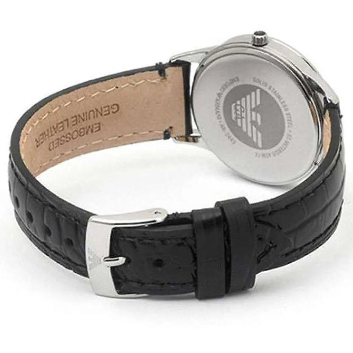 Back view of Emporio Armani AR2443 watch showing caseback with leather strap