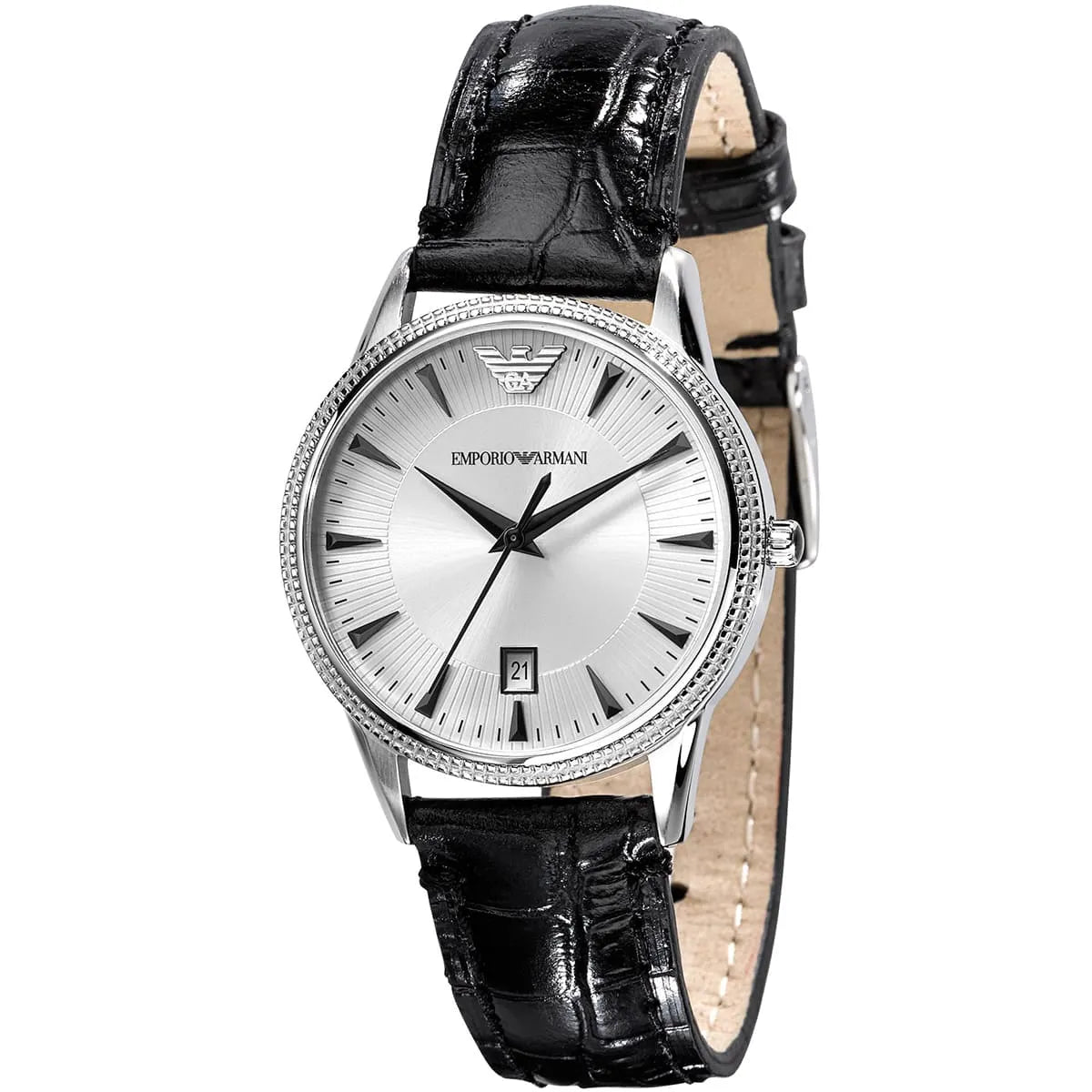 Emporio Armani AR2443 chronograph watch with silver dial and black leather strap