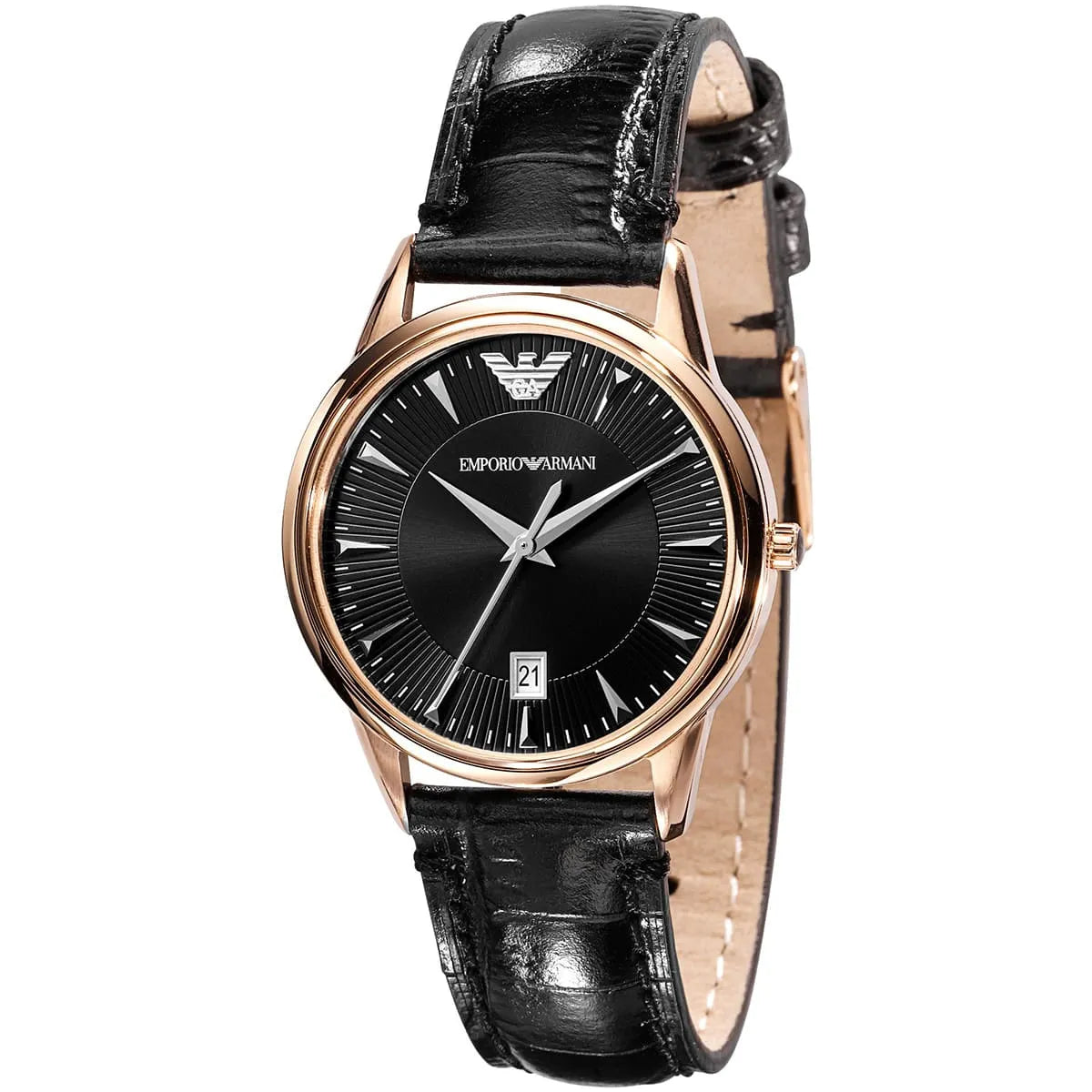 Emporio Armani AR2445 women's watch with black dial, rose gold case, and black leather strap