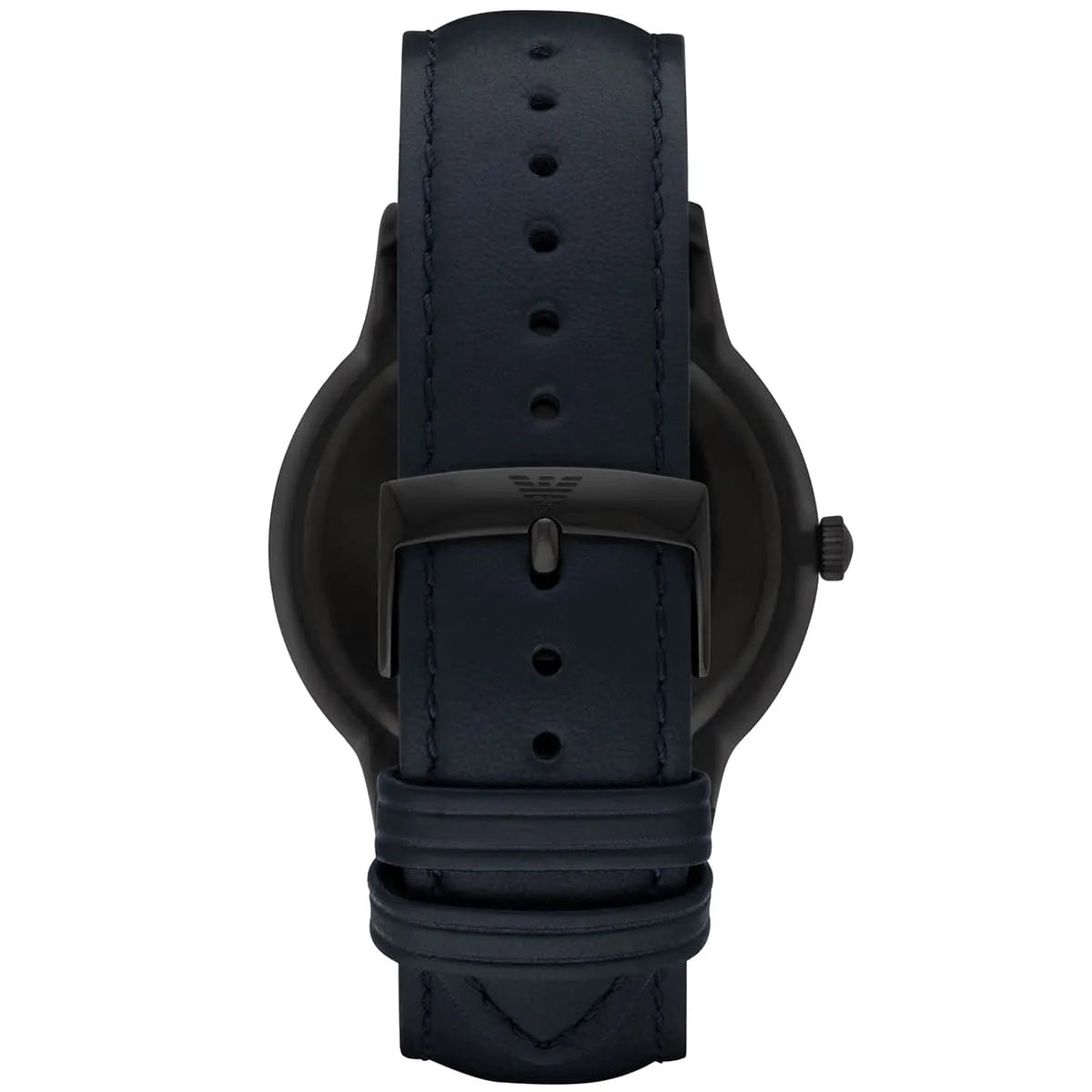 Emporio Armani Renato AR2479 watch caseback showing Armani eagle logo and blue leather strap
