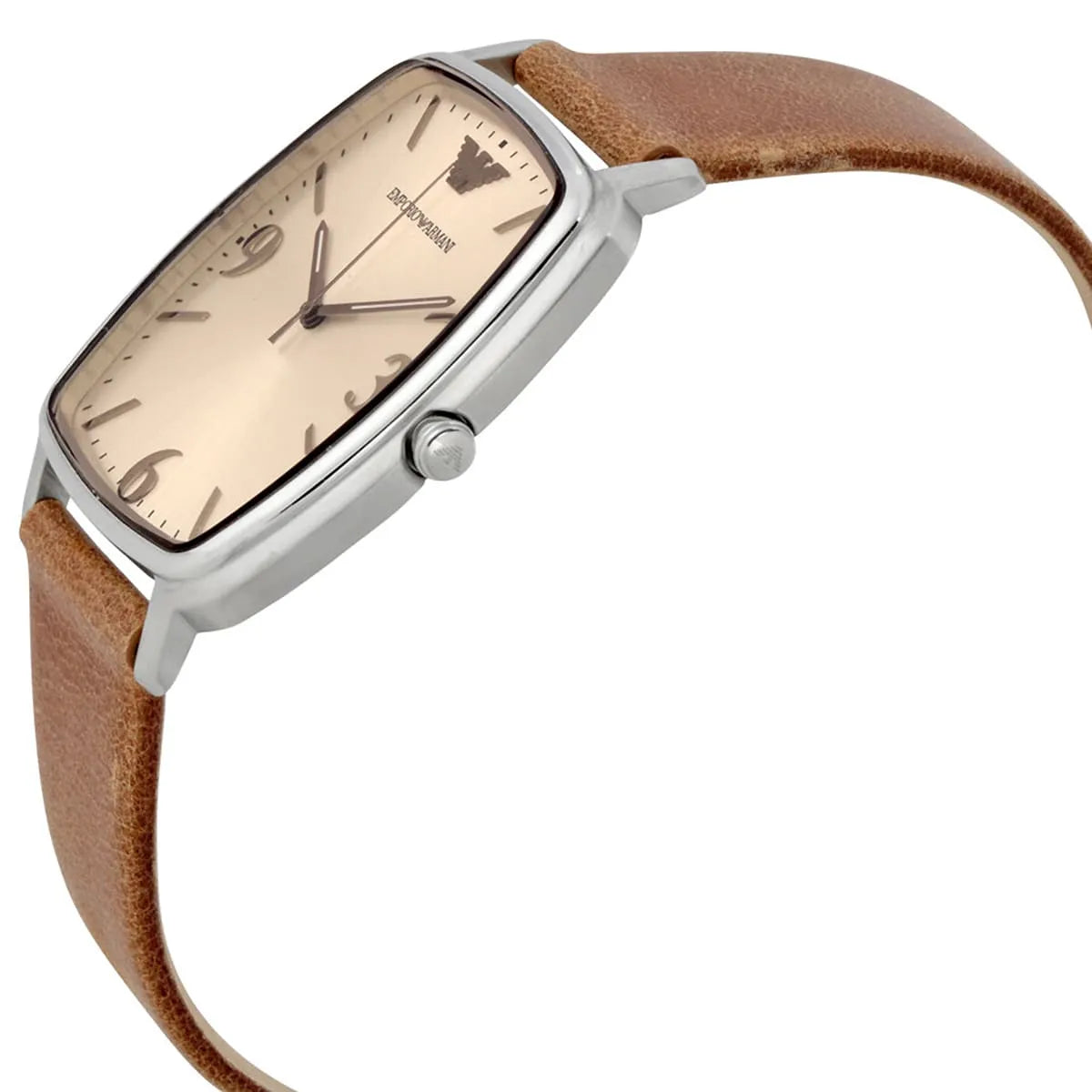 Emporio Armani Epsilon watch angled view showing brown leather strap and dial