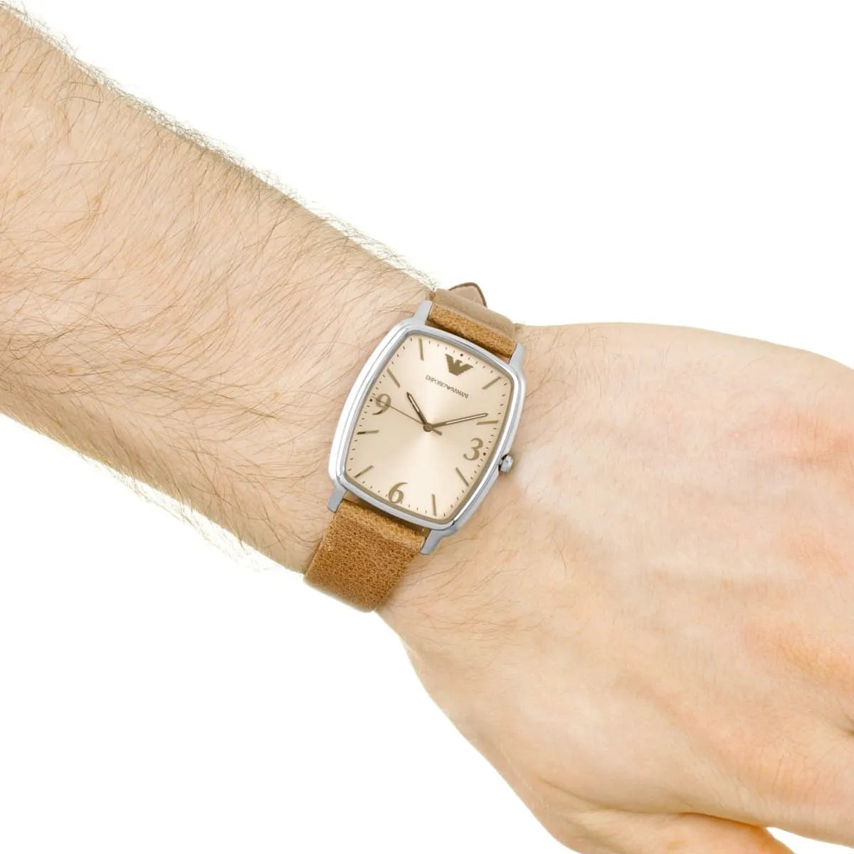 Emporio Armani Epsilon watch worn on wrist with brown leather strap