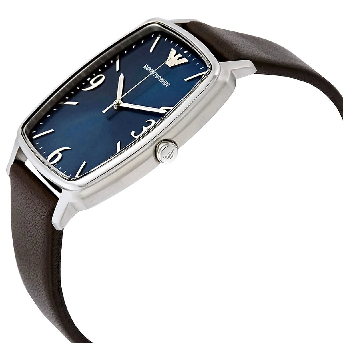 Emporio Armani AR2491 watch angled side view with blue dial and dark brown leather strap