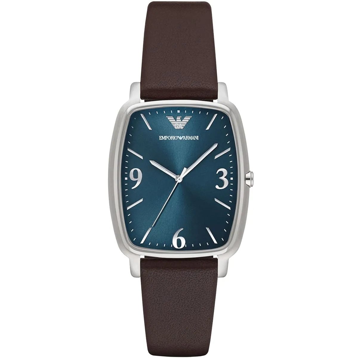 AR2491 Emporio Armani watch front view showing blue sunburst dial and rectangle case