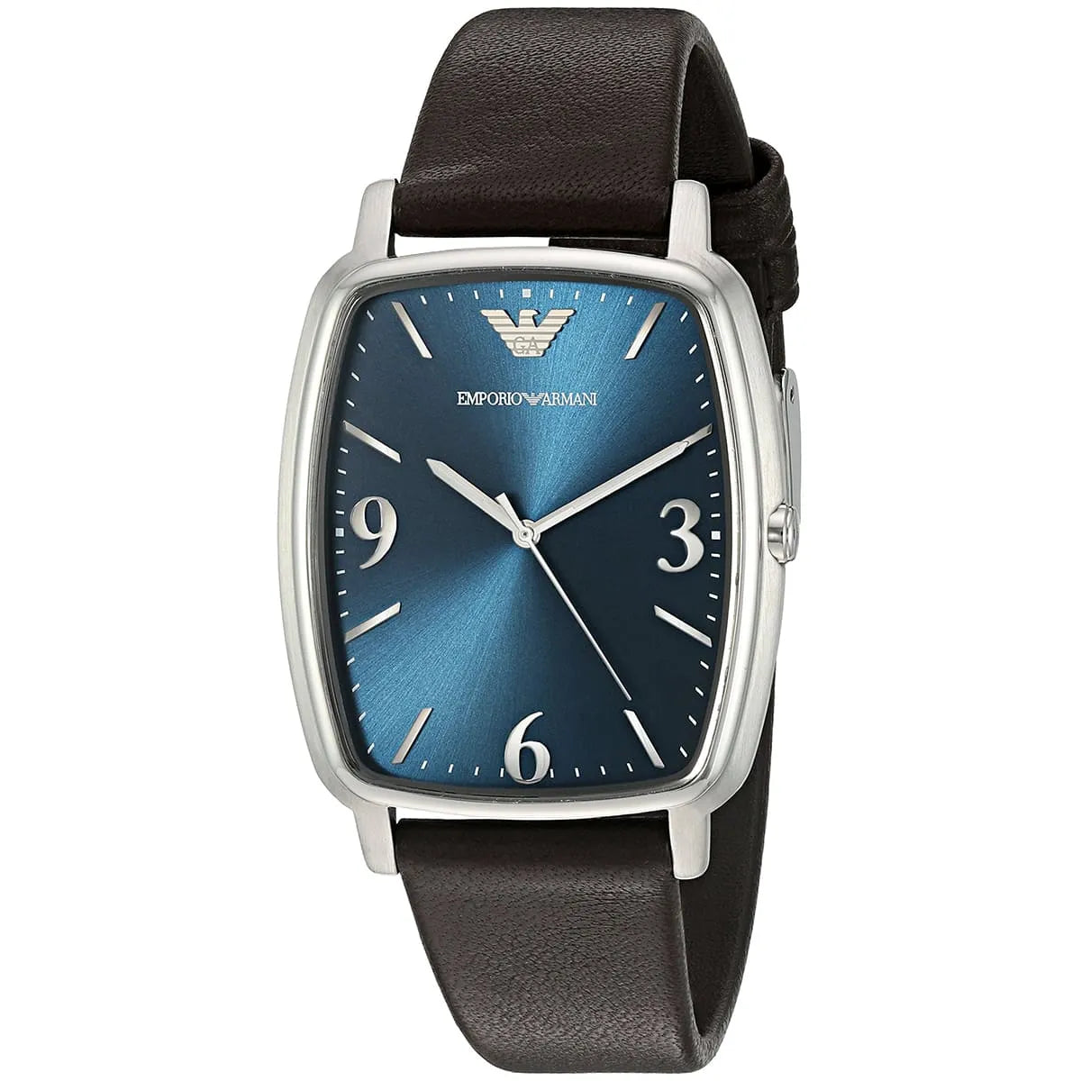 Emporio Armani AR2491 men's watch with blue dial, square steel case, and brown leather strap