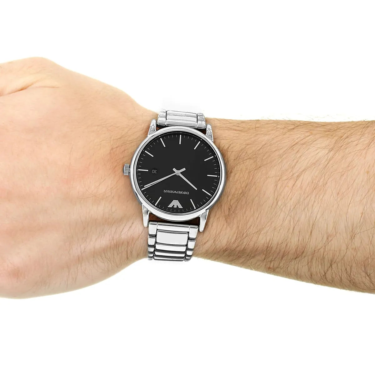 Emporio Armani Luigi AR2499 watch on wrist showing black dial and silver bracelet