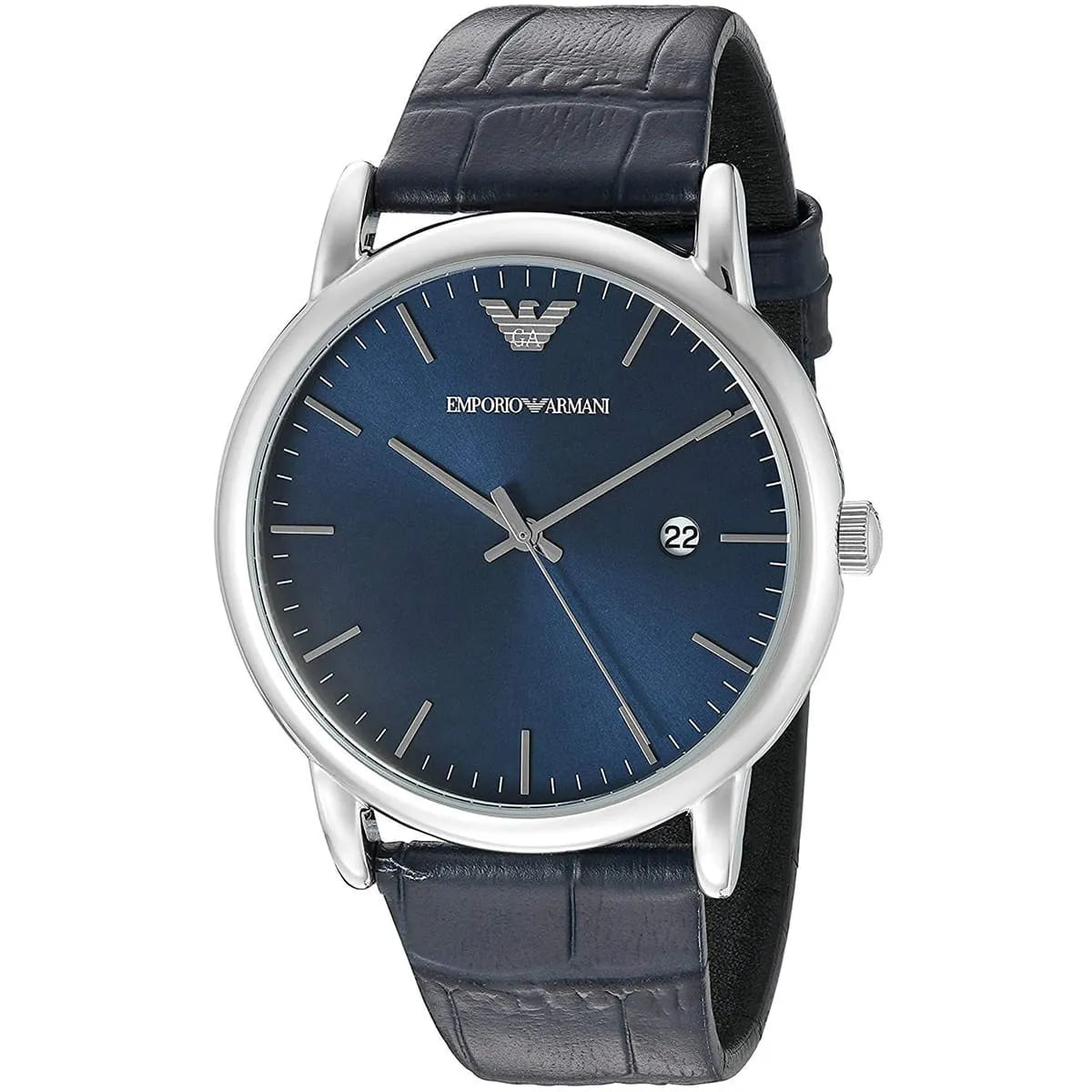 Emporio Armani AR2501 three-quarter view showing blue dial and date window
