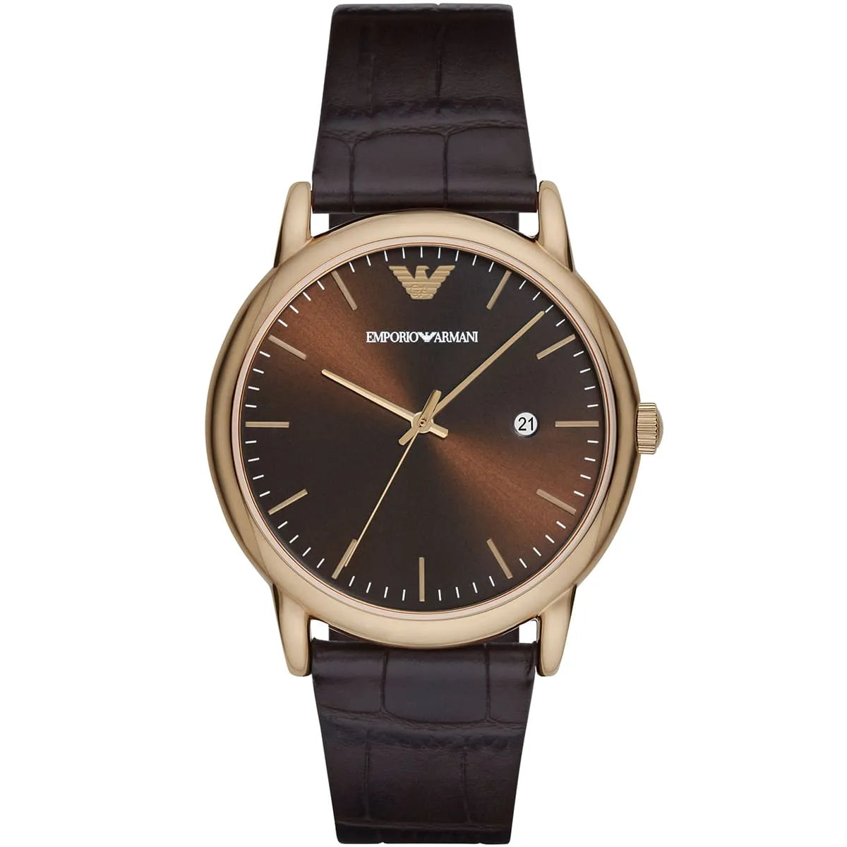 Emporio Armani Luigi AR2503 three-quarter angle view showing brown leather strap