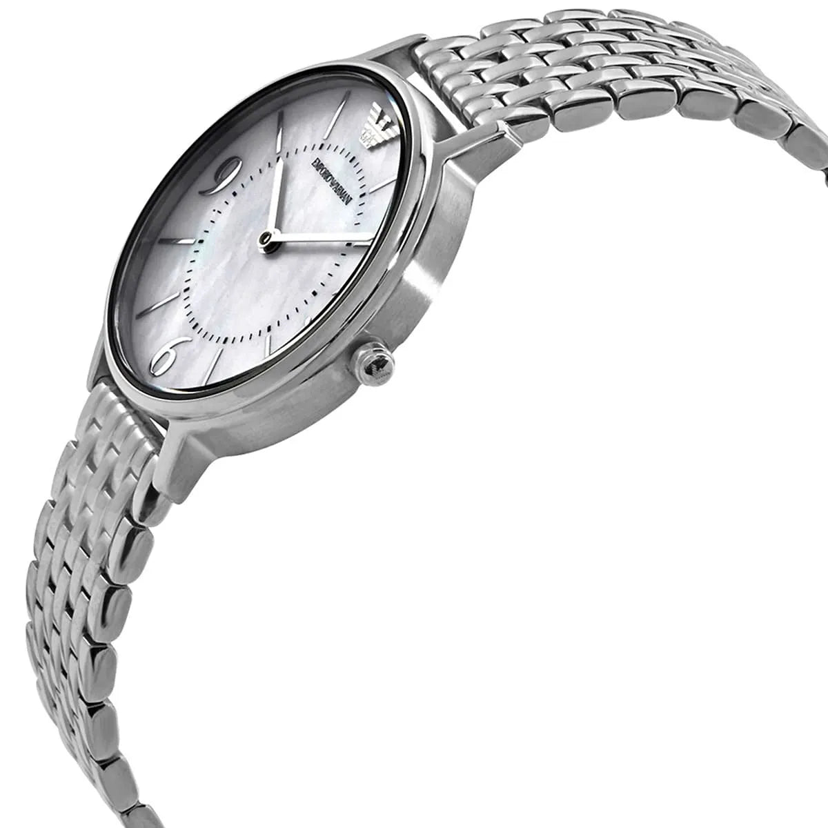 Emporio Armani Kappa women's watch angled view with mother-of-pearl white dial and silver bracelet