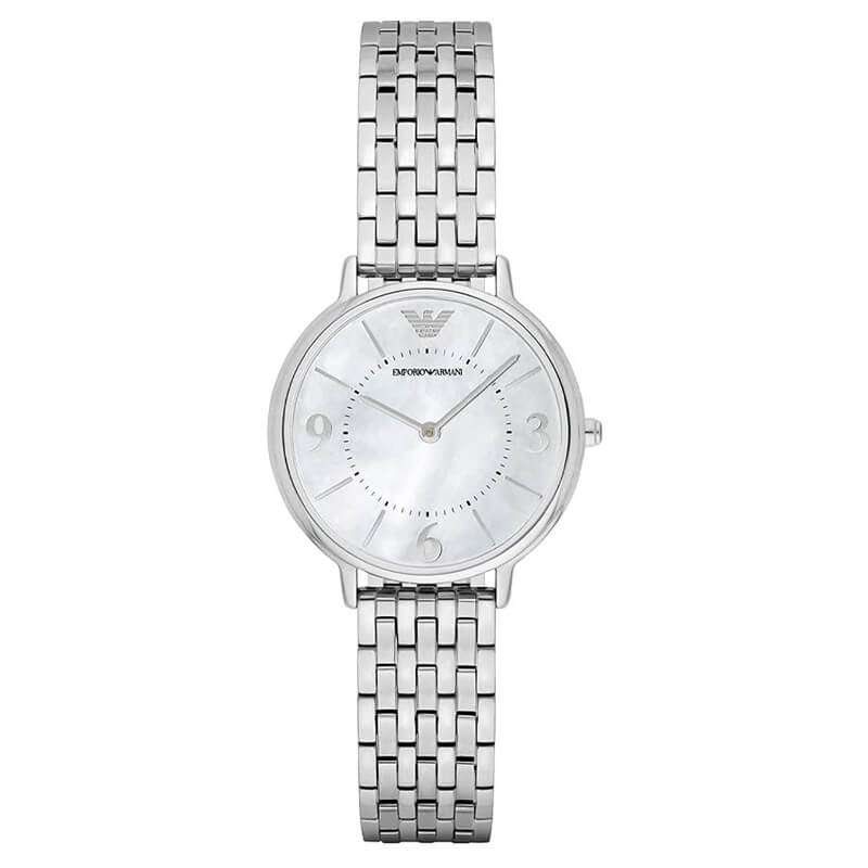 Emporio Armani Kappa women's watch front view with white dial and silver metal bracelet