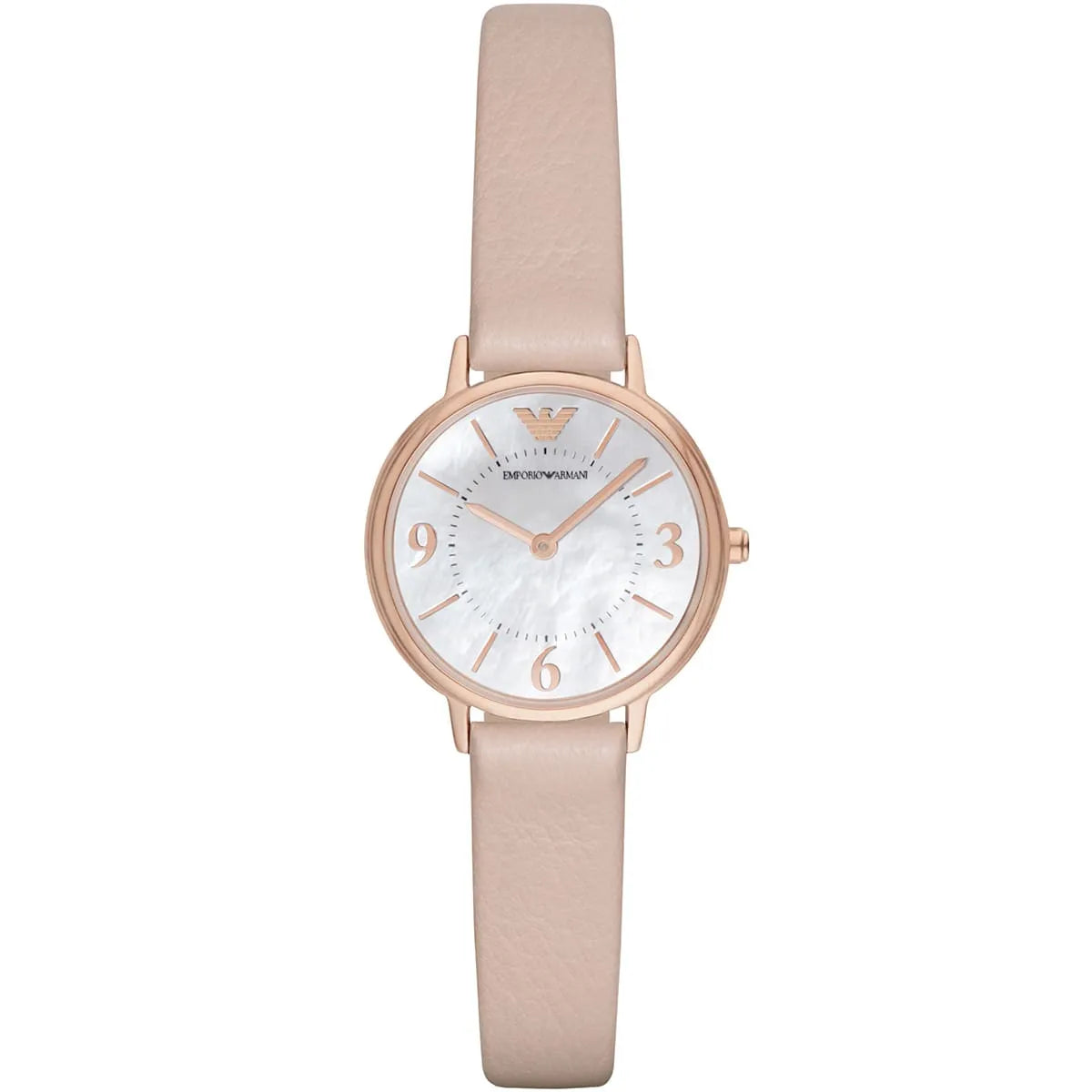 Emporio Armani AR2512 women's watch with mother-of-pearl dial, rose gold T-bar case, and beige leather strap