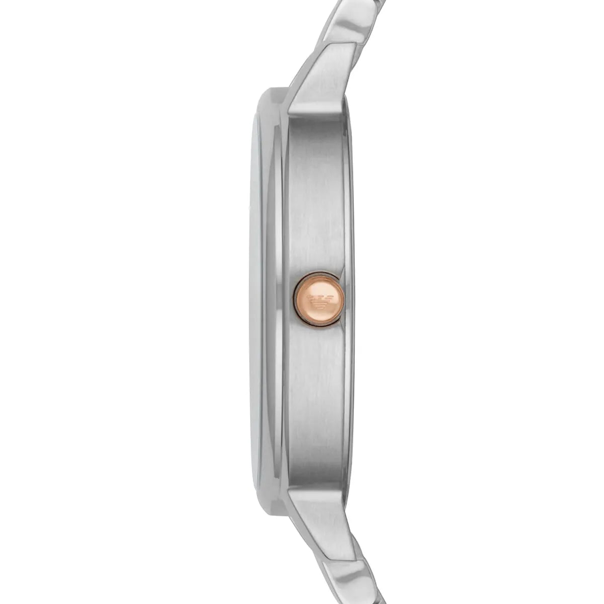 Emporio Armani AR2515 side profile showing rose gold crown and stainless steel case