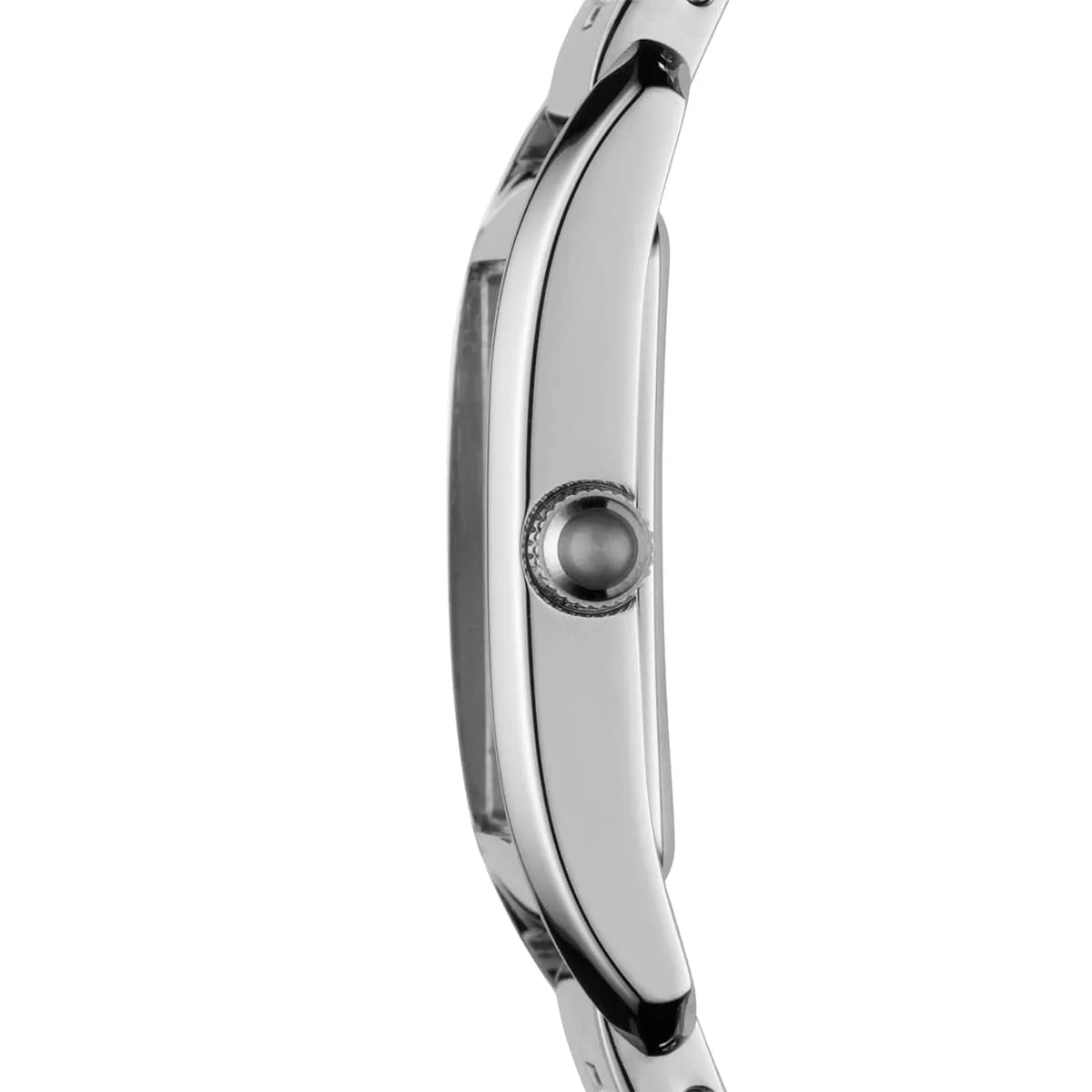 Side profile view of rectangular stainless steel case with polished finish