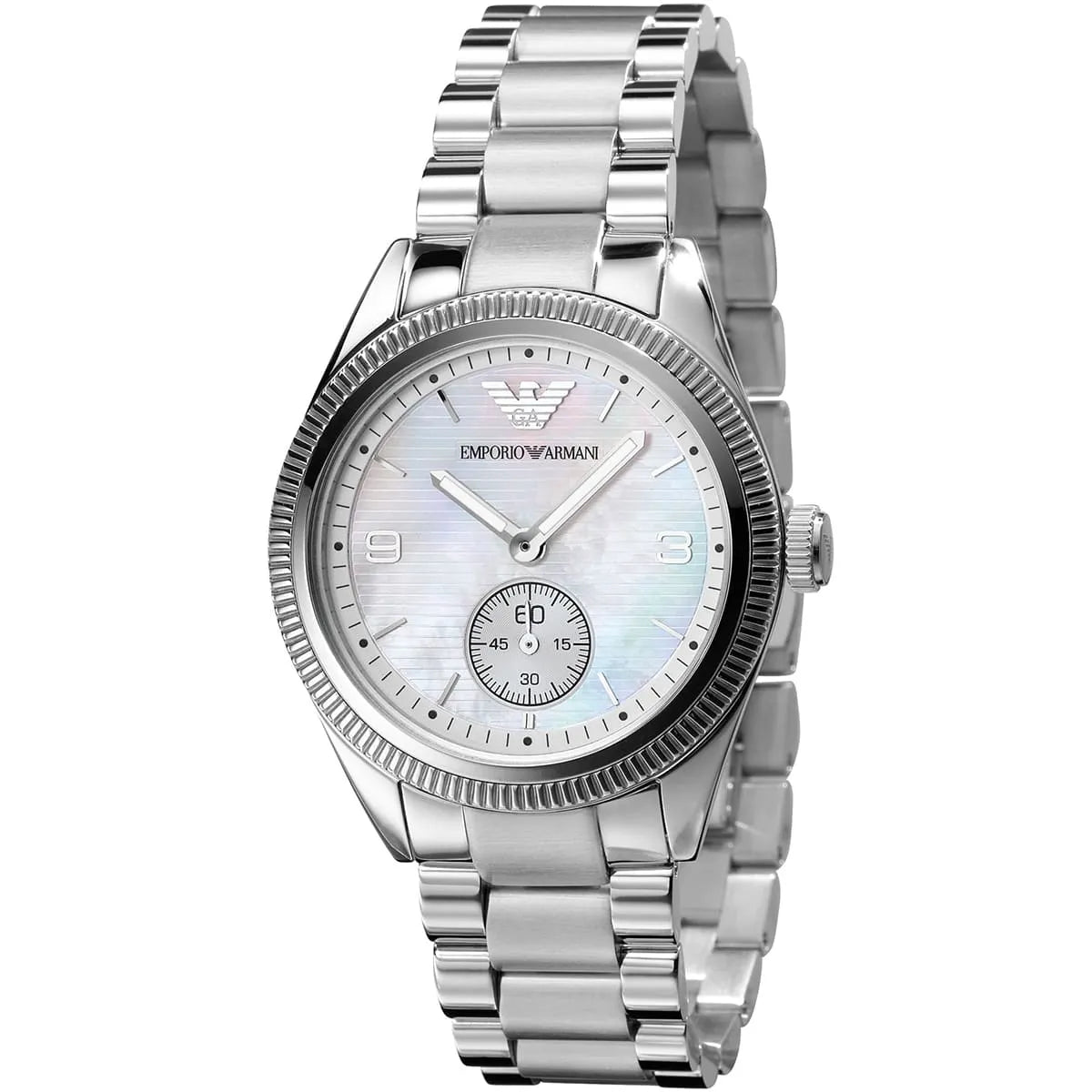 Emporio Armani AR5899 men's sport watch with mother-of-pearl white dial and stainless steel bracelet