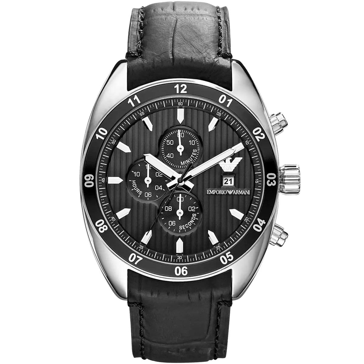 Emporio Armani Sportivo AR5914 men's chronograph watch with black dial and black leather strap
