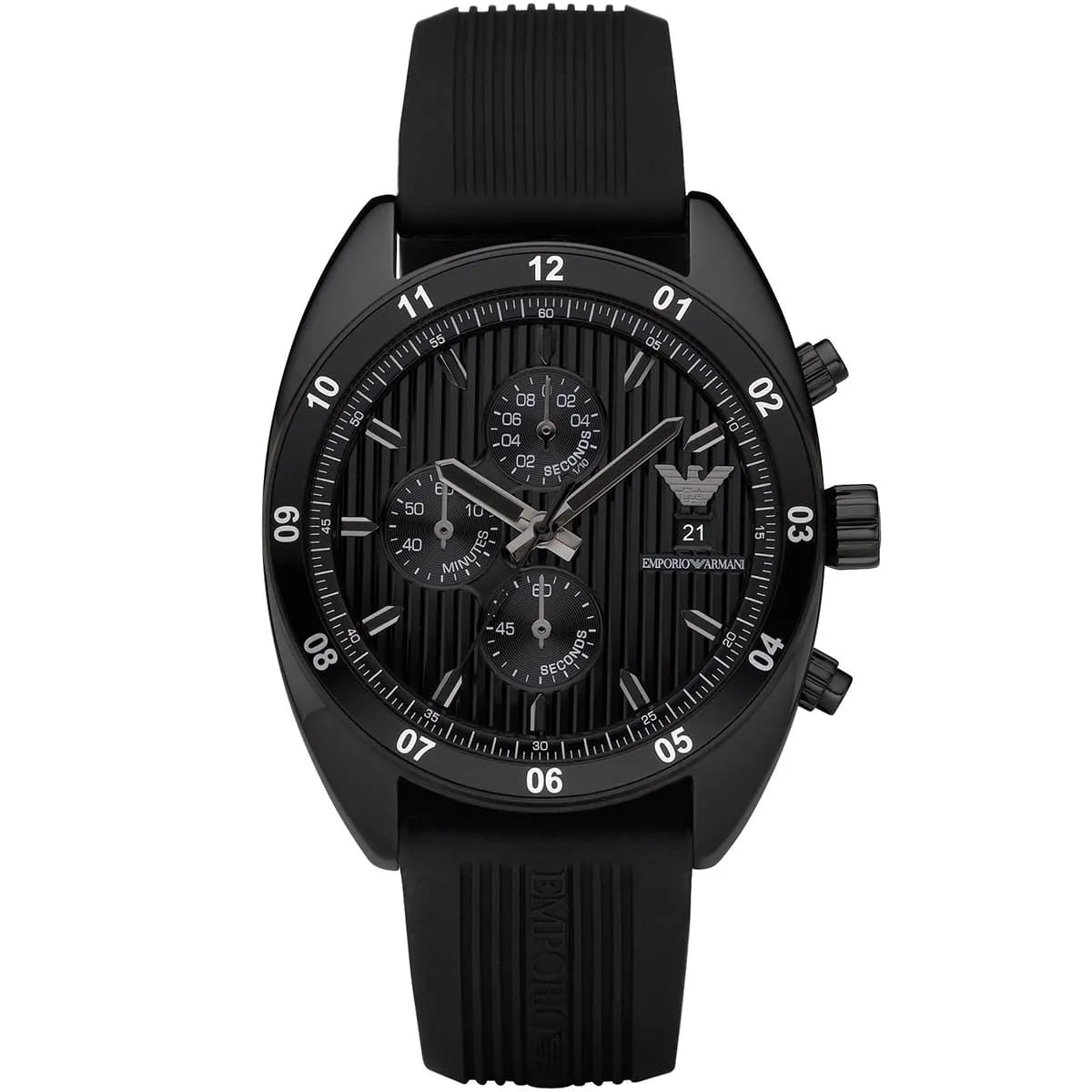 Emporio Armani AR5928 black chronograph watch with black dial and rubber strap