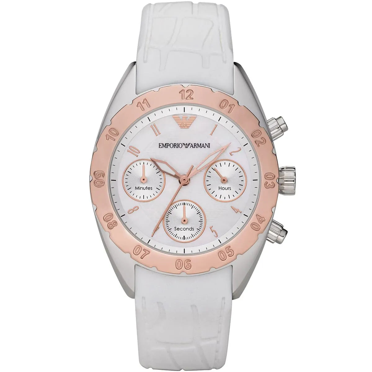 Emporio Armani AR5938 chronograph women's watch with white dial, rose gold bezel, white rubber strap