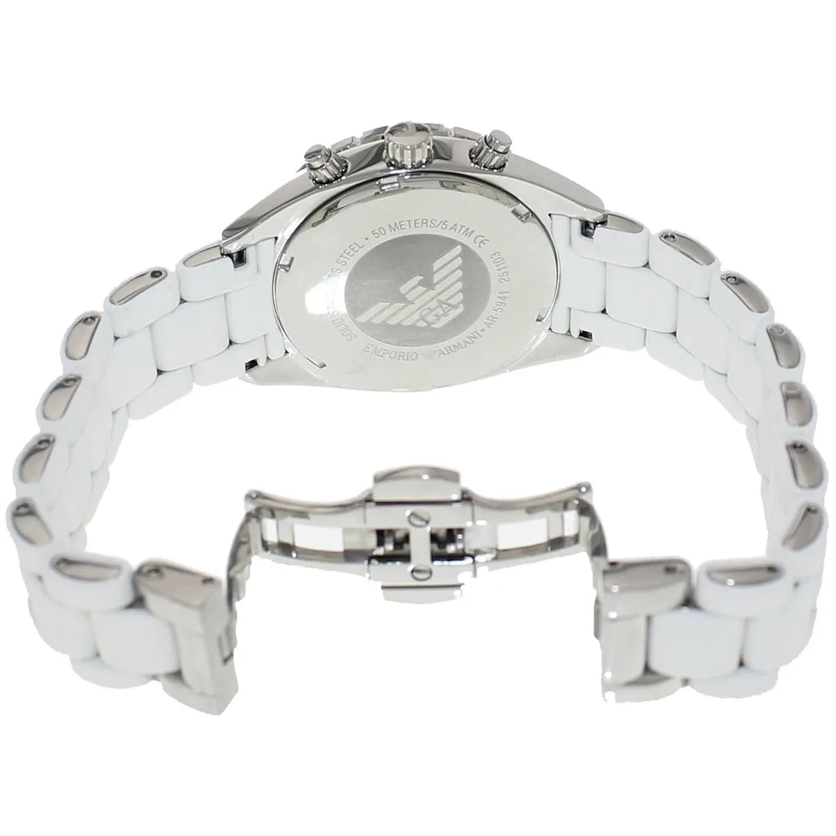 Caseback view of Emporio Armani Sportivo AR5941 showing Emporio Armani logo and white metal bracelet attachment