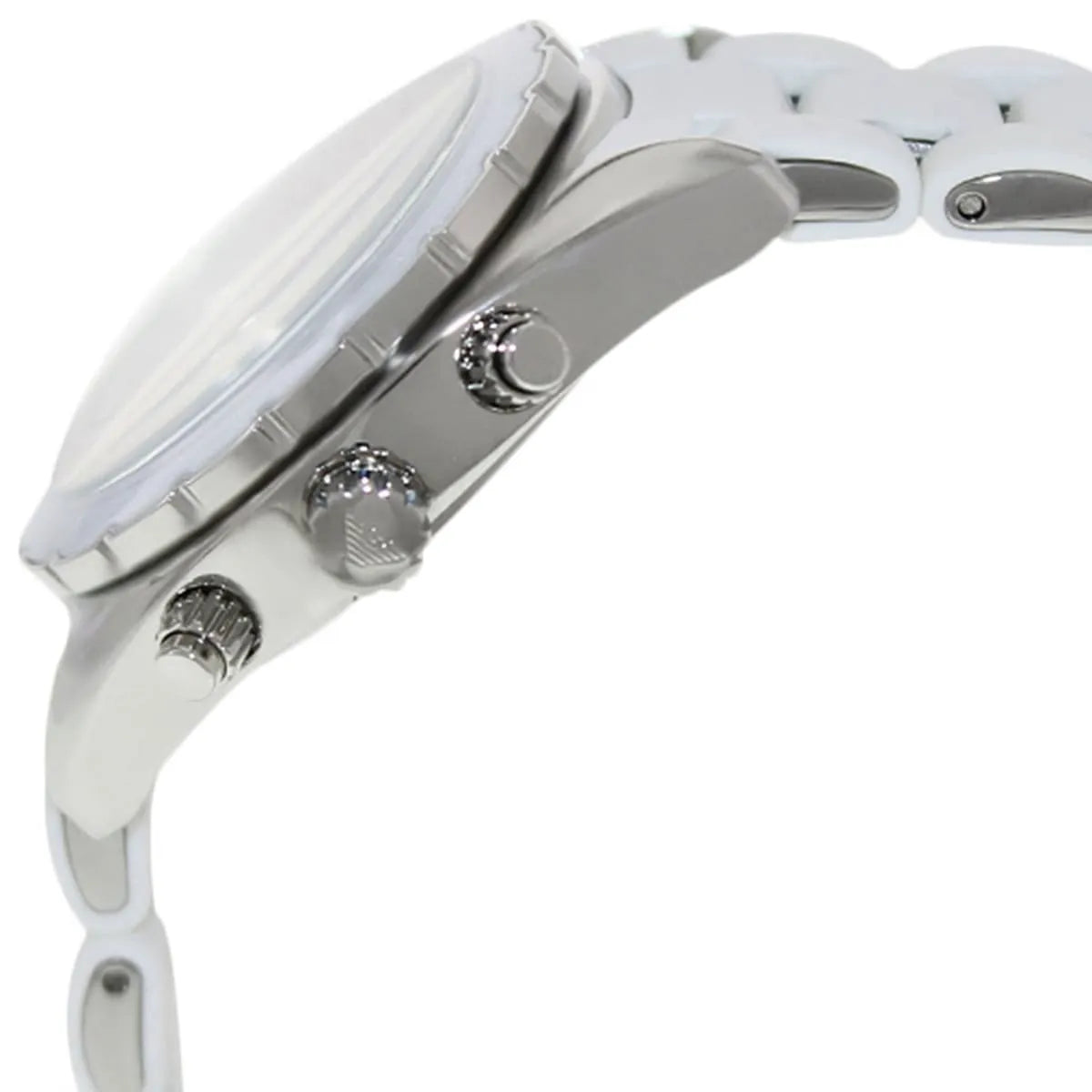 Side profile of Emporio Armani Sportivo AR5941 showing case thickness and crown detail with white rubber strap