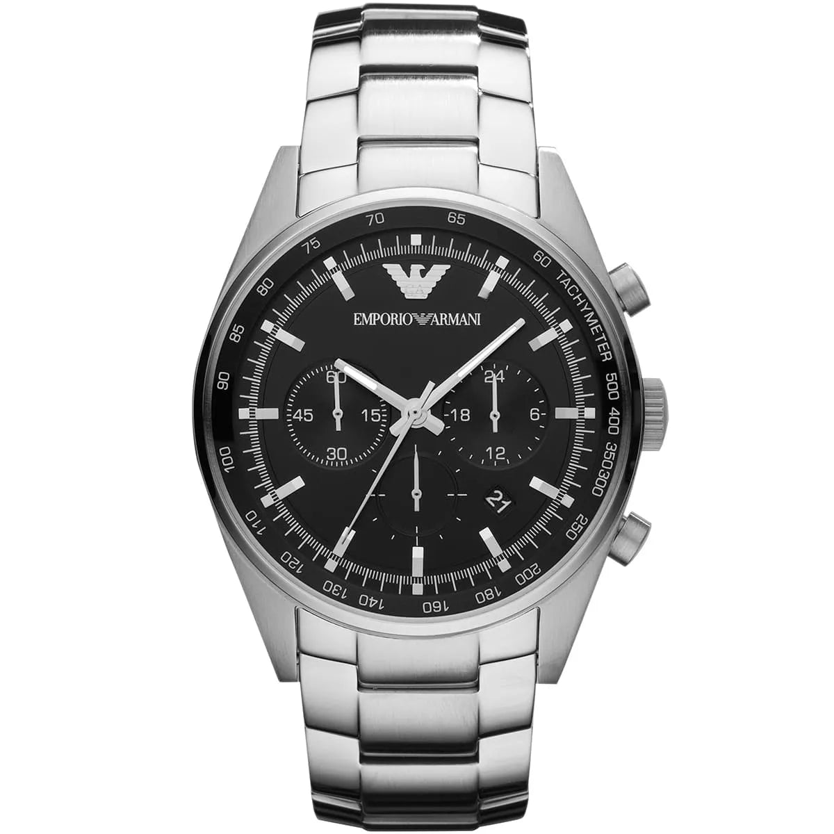 Emporio Armani AR5980 chronograph watch with black dial and silver stainless steel bracelet