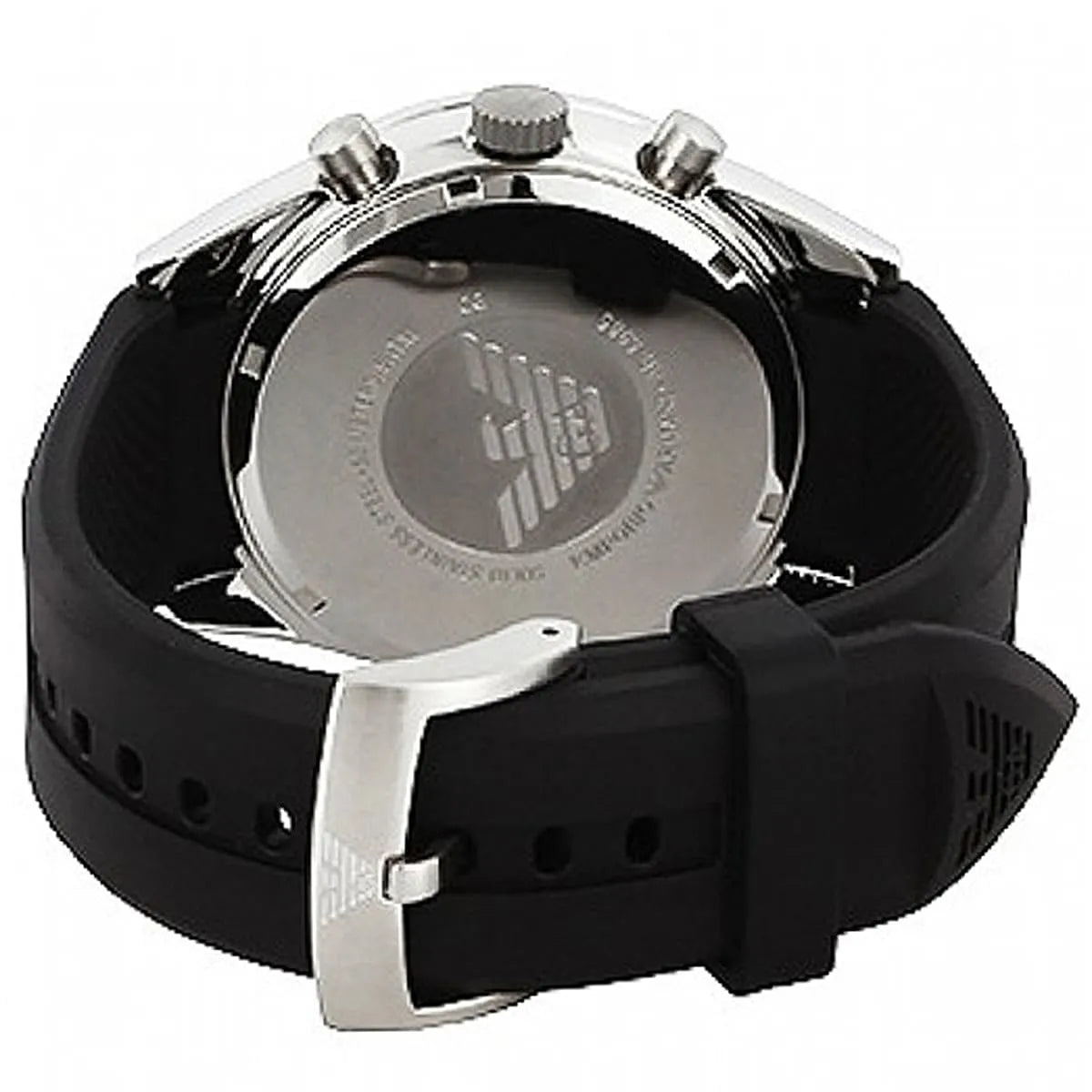 Emporio Armani AR5985 caseback with engraved eagle logo and rubber strap