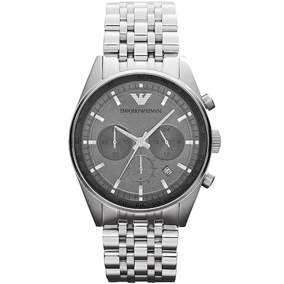 Emporio Armani Tazio AR5998 women's watch with grey chronograph dial and stainless steel bracelet