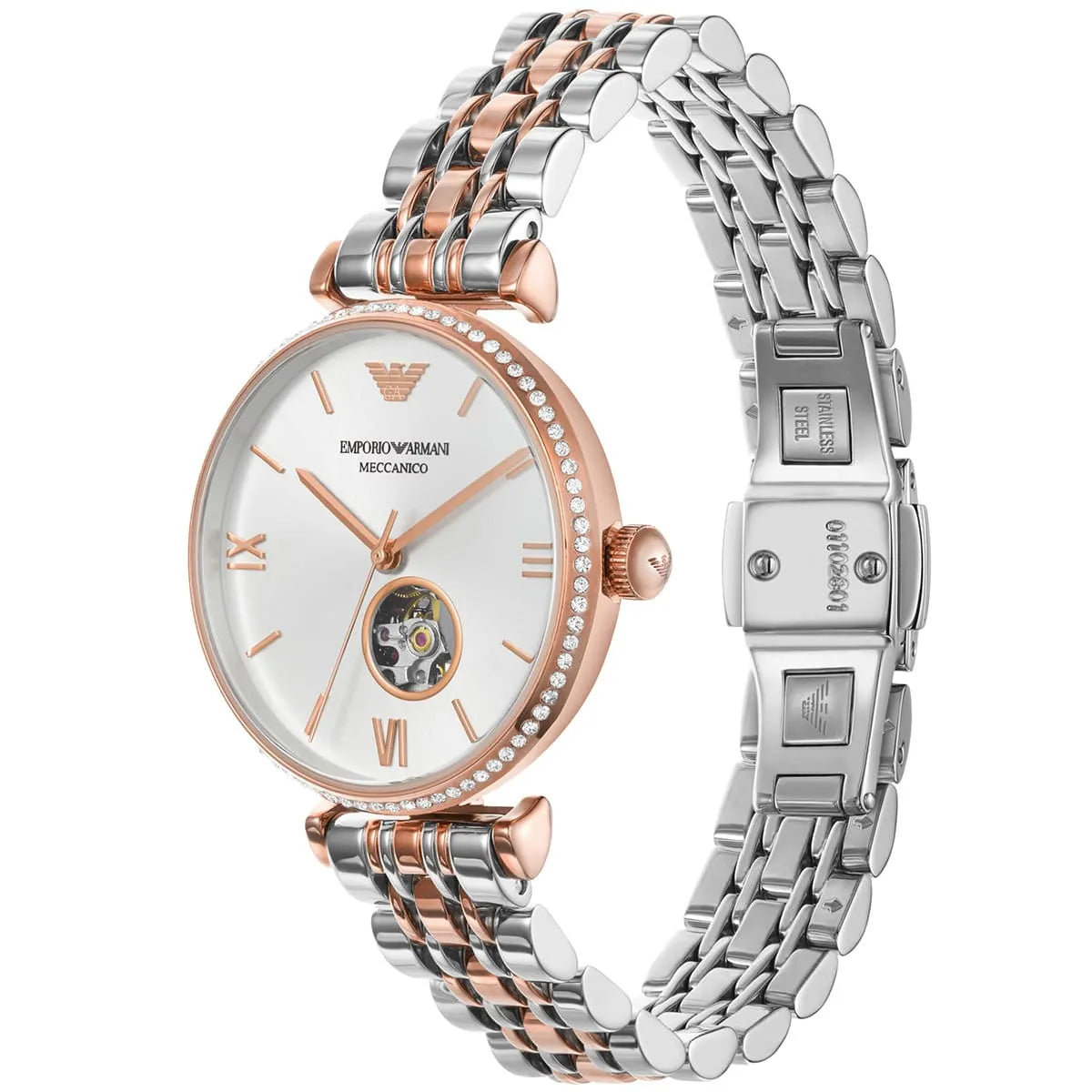 Two-tone stainless steel bracelet with rose gold and silver links and diamond bezel