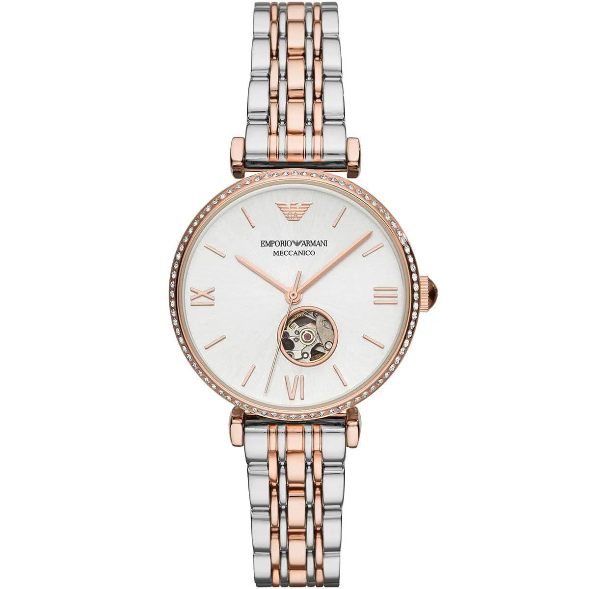 Emporio Armani Gianni T-Bar automatic women's watch with silver dial and open heart detail
