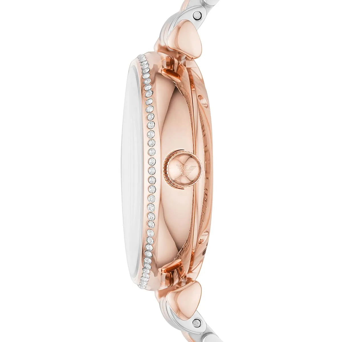 Side profile view showing rose gold case, two-tone bracelet, and diamond-set bezel