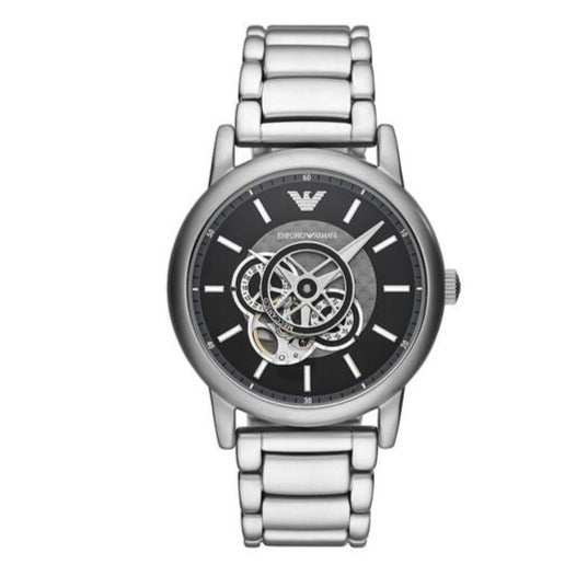 Emporio Armani AR60021 men's watch with black dial, skeleton window, and silver stainless steel bracelet