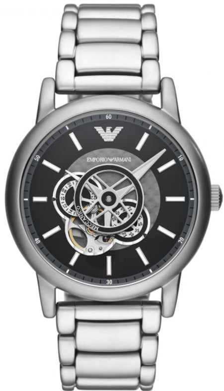 Emporio Armani AR60021 automatic men's watch with black dial and visible skeleton movement in center