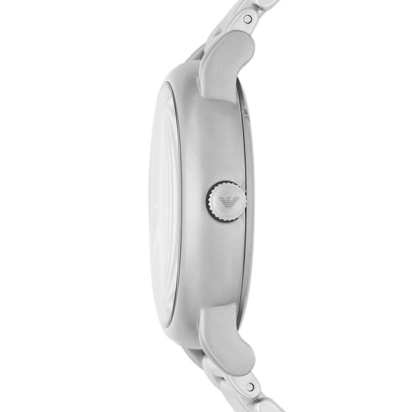 Side profile of Emporio Armani AR60021 watch displaying case thickness and crown detail