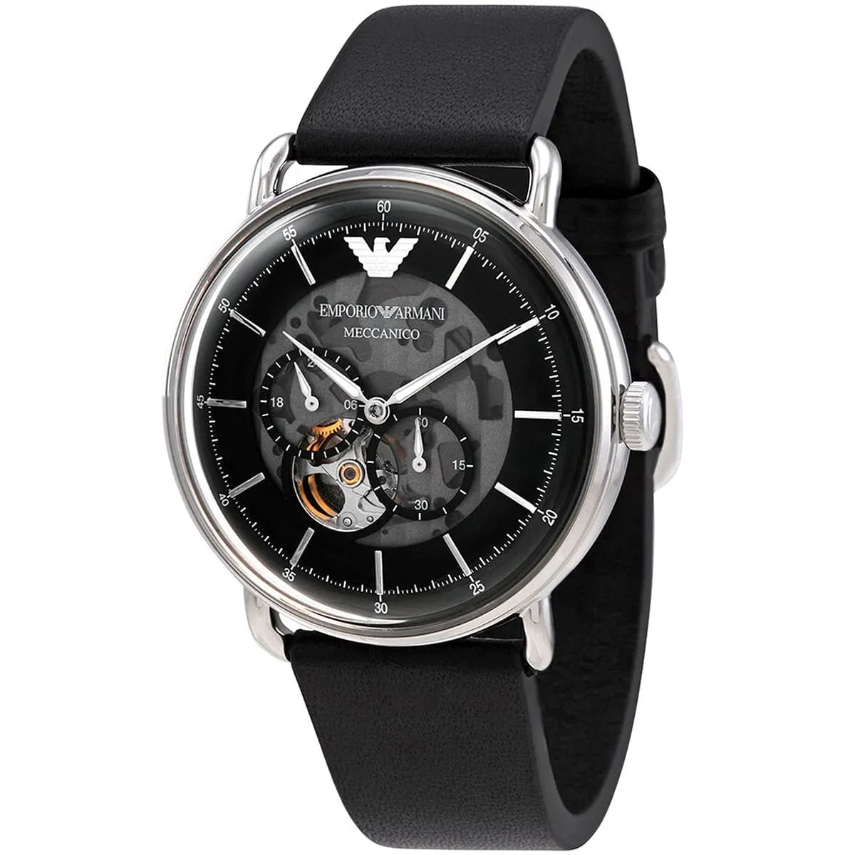 Emporio Armani Meccanico skeleton watch displayed at three-quarter angle
