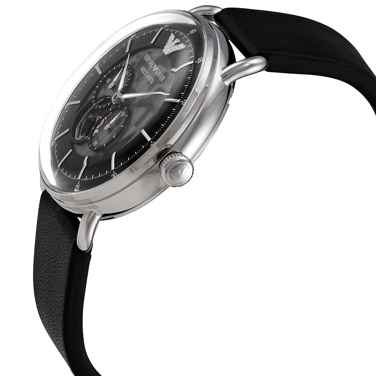 Emporio Armani Meccanico skeleton watch side profile with black leather strap