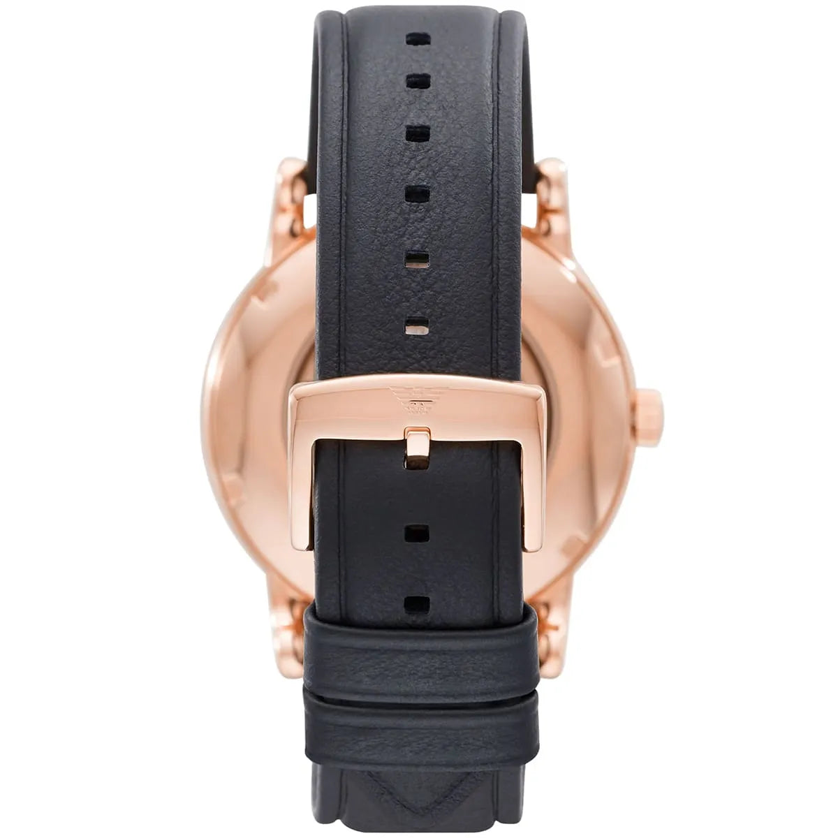 Emporio Armani Luigi watch caseback showing automatic movement and rose gold case