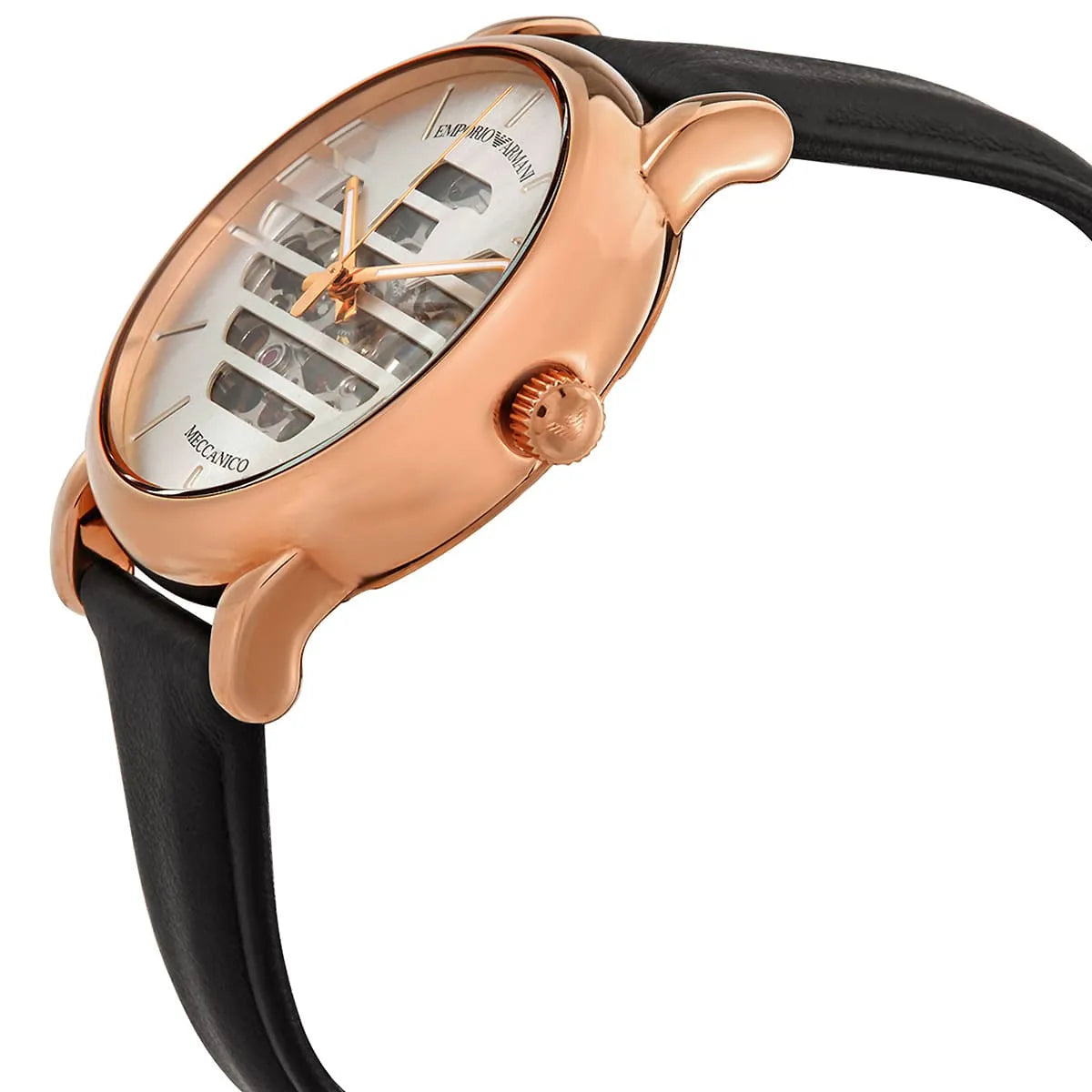 Emporio Armani Luigi watch side profile with black leather strap and rose gold lugs