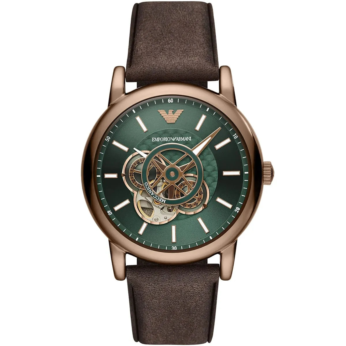 Emporio Armani AR60033 with green dial, skeleton mechanism, bronze case, and brown leather strap