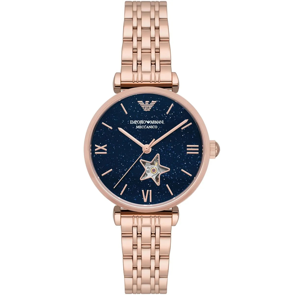 Emporio Armani Meccanico Gianni watch with blue dial, rose gold case and steel strap, front view