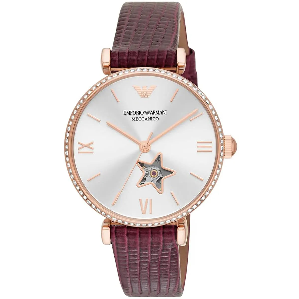 Emporio Armani Meccanico rose gold women's watch with silver dial and burgundy leather strap